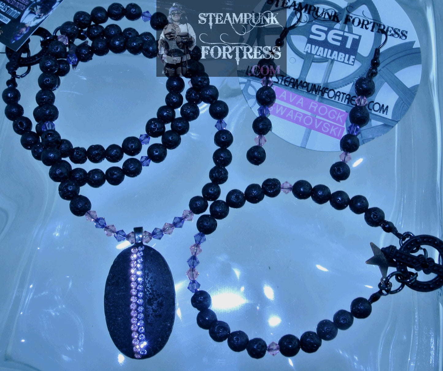 BLACK LAVA ROCK BEADS GEMSTONE PINK PURPLE SWAROVSKI CRYSTALS PIERCED EARRINGS SET AVAILABLE STARR WILDE STEAMPUNK FORTRESS