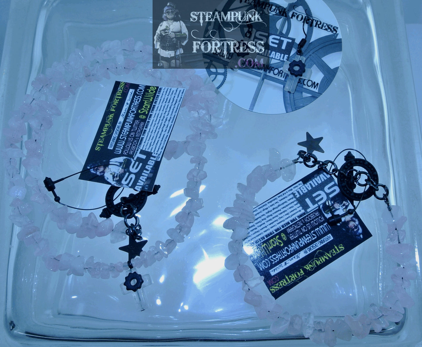 BLACK QUARTZ ROSE CROSS BLACK CERAMIC GEAR GEMSTONE PIERCED EARRINGS SET AVAILABLE STARR WILDE STEAMPUNK FORTRESS