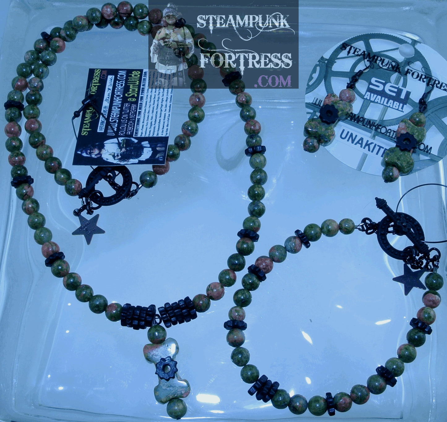 BLACK UNAKITE GEMSTONES STONES DOG BONE BLACK CERAMIC GEARS ROUNDS NECKLACE SET AVAILABLE STARR WILDE STEAMPUNK FORTRESS
