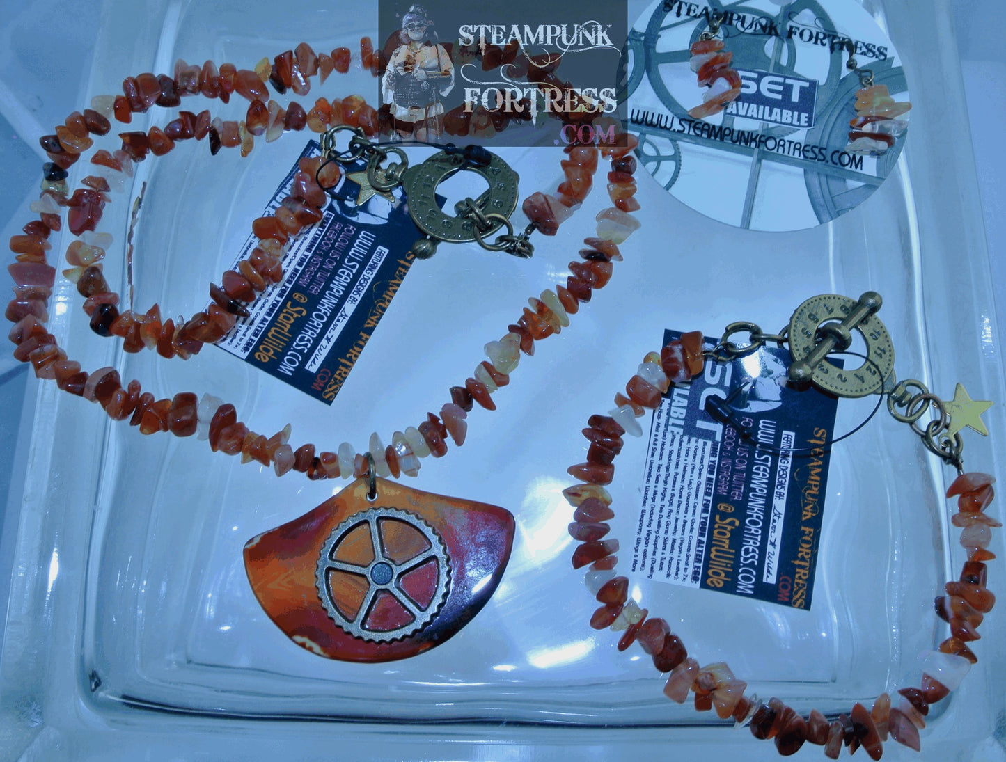 BRASS AGATE RED BRASS 5 ARM GEAR GEMSTONES STONES CHIPS NECKLACE SET AVAILABLE STARR WILDE STEAMPUNK FORTRESS 2 SIDED REVERSIBLE