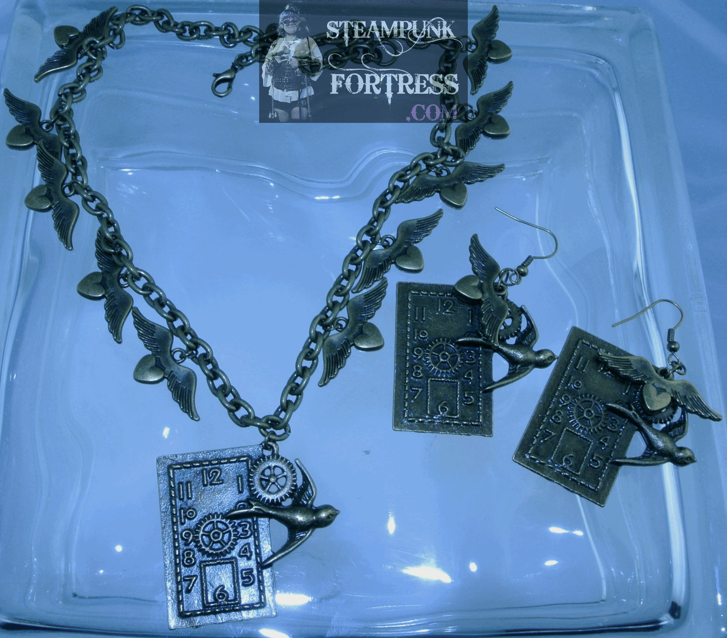 BRASS FACE RECTANGLE BIRD FLYING GEARS HEARTS WITH WINGS NECKLACE SET AVAILABLE STARR WILDE STEAMPUNK FORTRESS