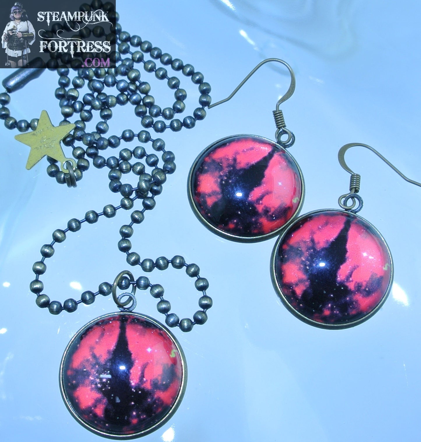 BRASS EYES RED BLACK CAT DRAGON LIZARD PUPILS 20MM ROUND PIERCED EARRINGS SET AVAILABLE HALLOWEEN STARR WILDE STEAMPUNK FORTRESS