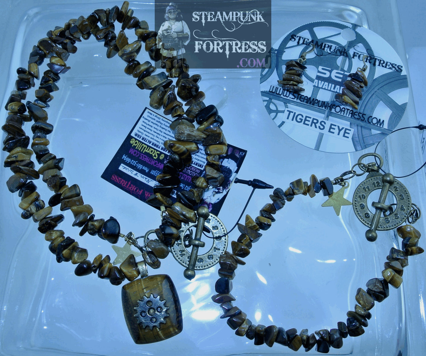 BRASS TIGERS EYE GEMSTONES STONES CHIPS CLOCK CLASP BRACELET SET AVAILABLE STARR WILDE STEAMPUNK FORTRESS