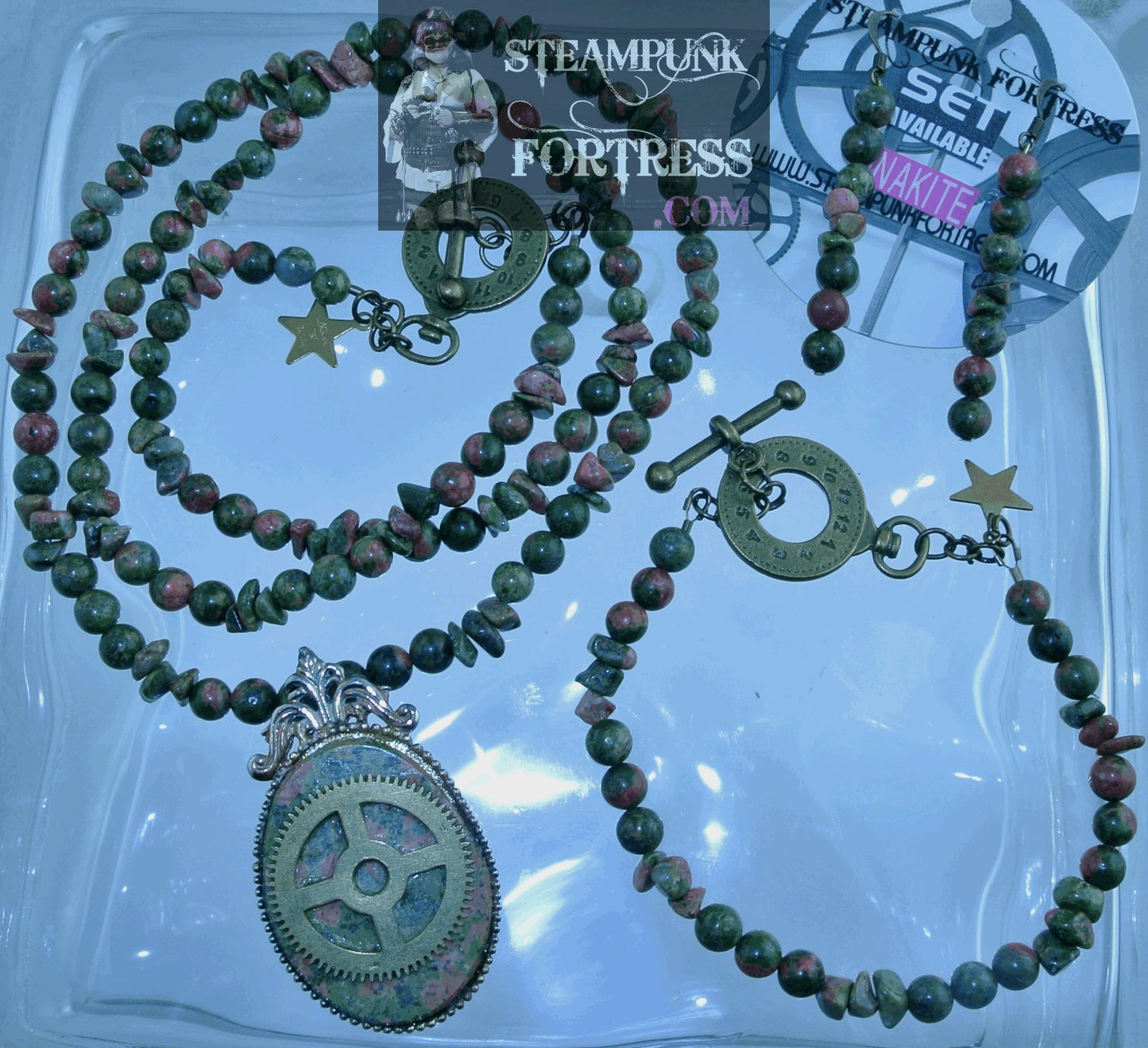 BRASS UNAKITE GEMSTONES STONES FOCAL FLAT BRASS 4 ARM GEAR 3 ROUNDS 3 CHIPS NECKLACE SET AVAILABLE STARR WILDE STEAMPUNK FORTRESS