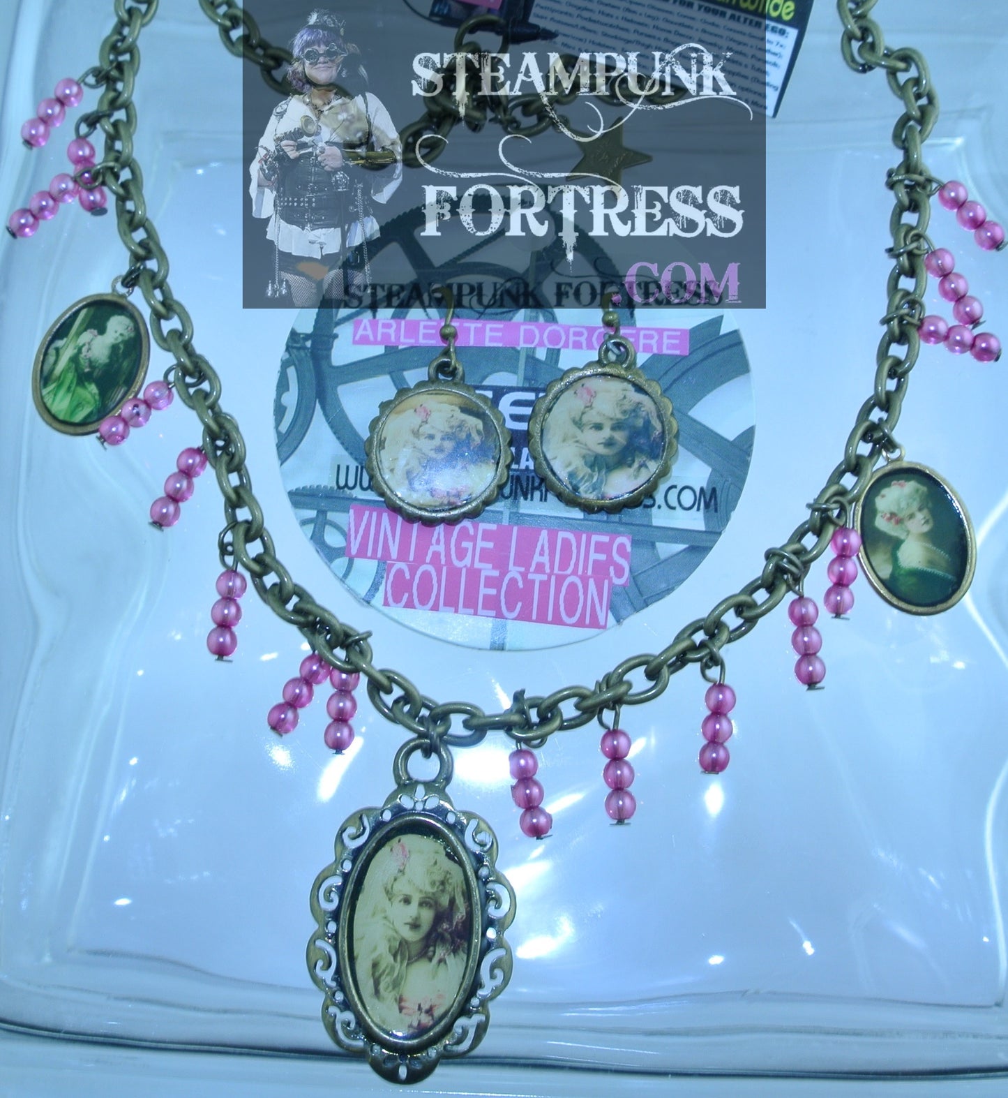 BRASS SCALLOPED VINTAGE LADIES ARLETTE D'ORGERE WHITE WIG PINK BOWS PIERCED EARRINGS SET AVAILABLE STARR WILDE STEAMPUNK FORTRESS