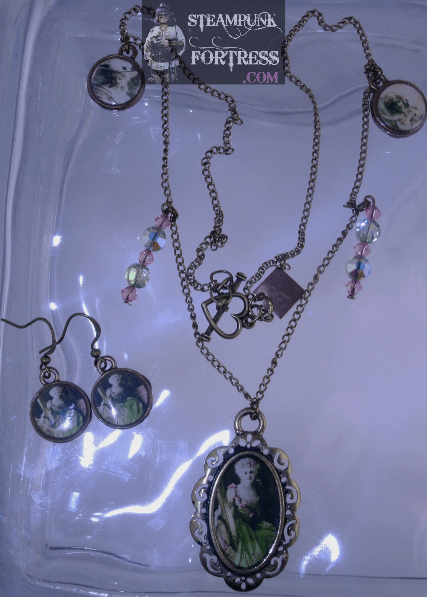 BRASS VINTAGE LADIES ARLETTE DORGERE WHITE WIG CARRIAGE PINK GREEN SWAROVSKI CRYSTALS 2 ROUNDS FANCY NECKLACE SET AVAILABLE STARR WILDE STEAMPUNK FORTRESS