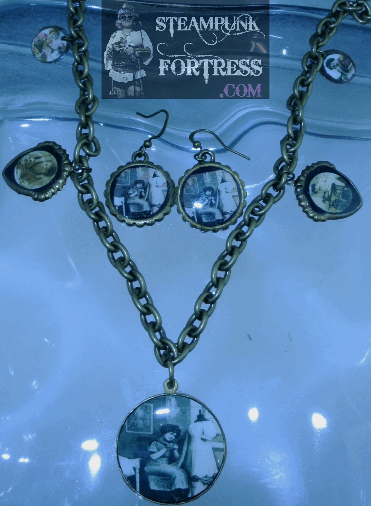 BRASS VINTAGE LADIES SEAMSTRESS SEWING THEME 5 CHARM NECKLACE SET AVAILABLE STARR WILDE STEAMPUNK FORTRESS