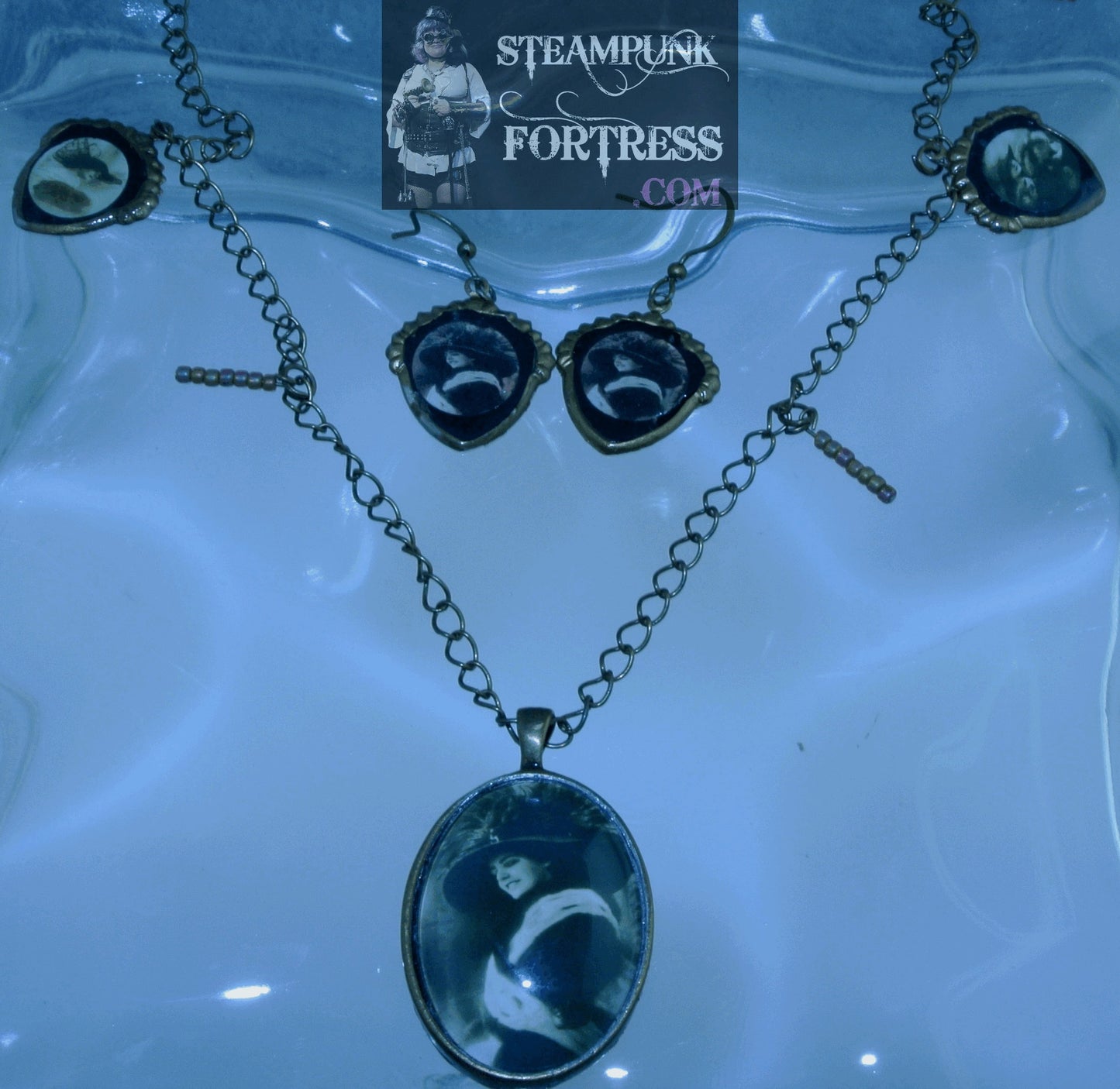 BRASS SHIELD VINTAGE LADIES SECRETS HAT MUFF ERMINE PIERCED EARRINGS SET AVAILABLE STARR WILDE STEAMPUNK FORTRESS