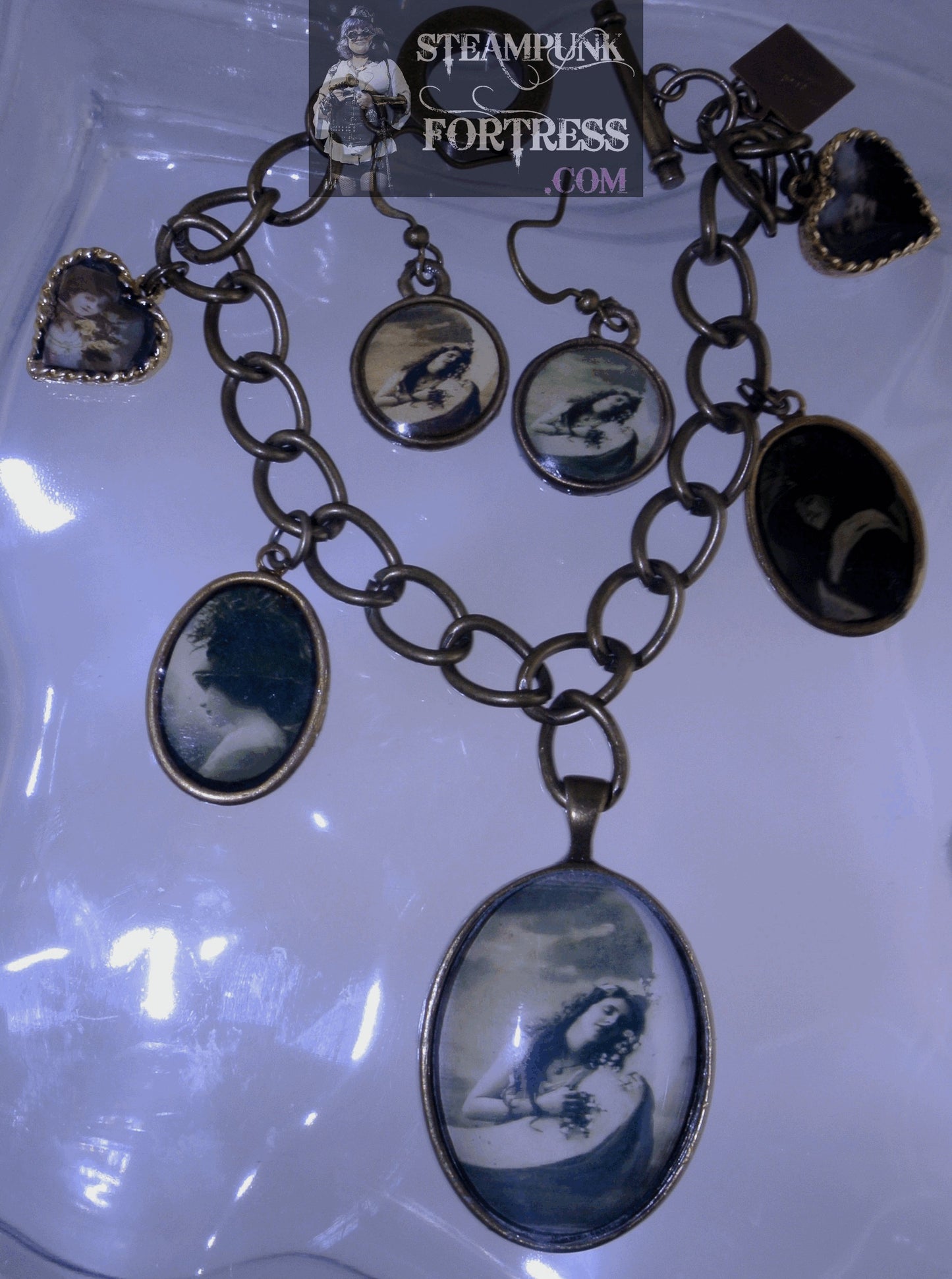 BRASS VINTAGE LADIES LADY HUGGING MOON SEPIA 22X30 2 13X18 GOLD LADY HAT 2 GOLD HEART BRACELET SET AVAILABLE STARR WILDE STEAMPUNK FORTRESS