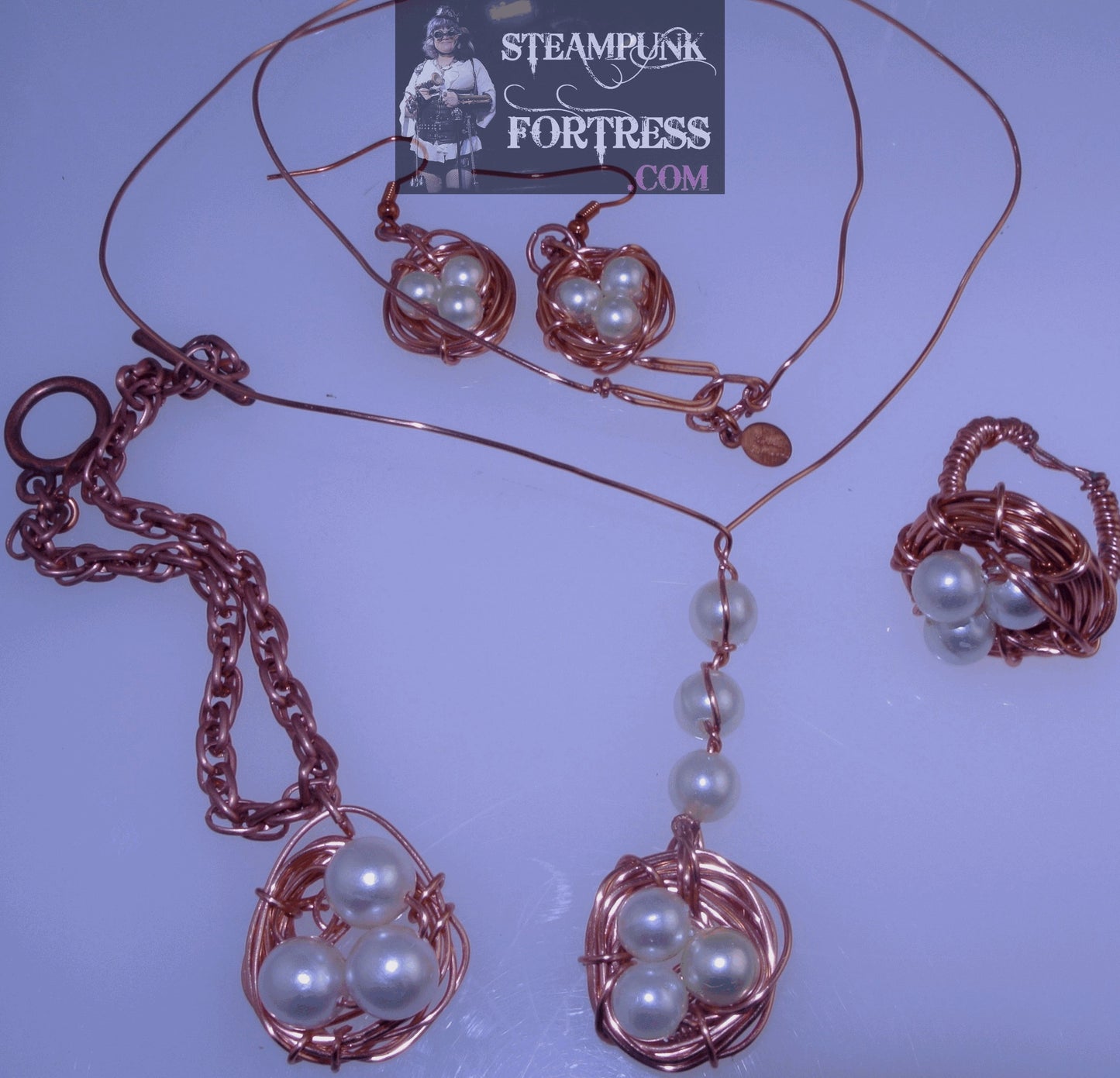 COPPER BRIGHT BIRDS NEST 3 PEARLS GEMSTONE VINTAGE PIERCED EARRINGS SET AVAILABLE STARR WILDE STEAMPUNK FORTTRESS