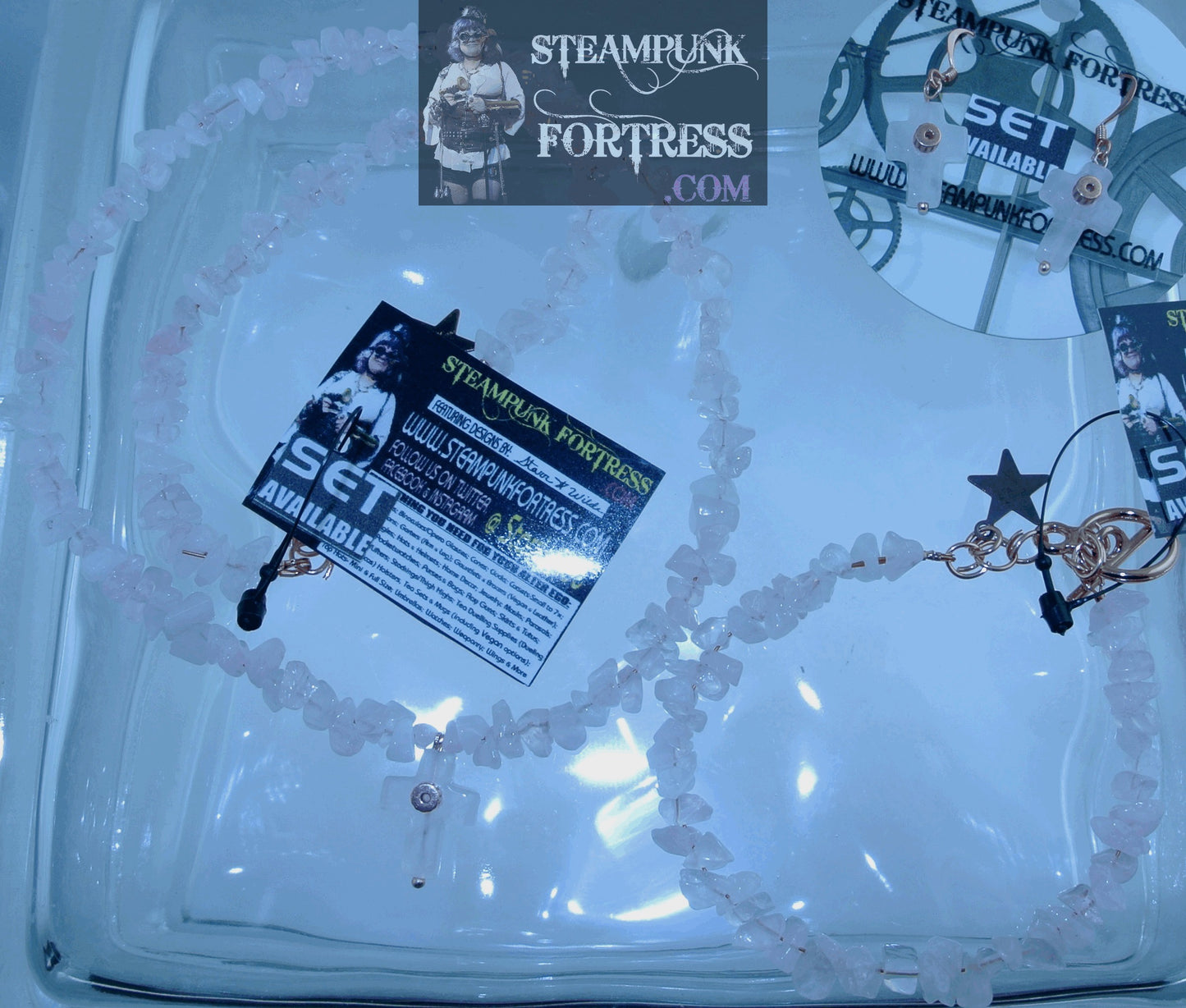 COPPER BRIGHT QUARTZ ROSE CROSS COPPER GEAR GEMSTONE PIERCED EARRINGS SET AVAILABLE STARR WILDE STEAMPUNK FORTRESS