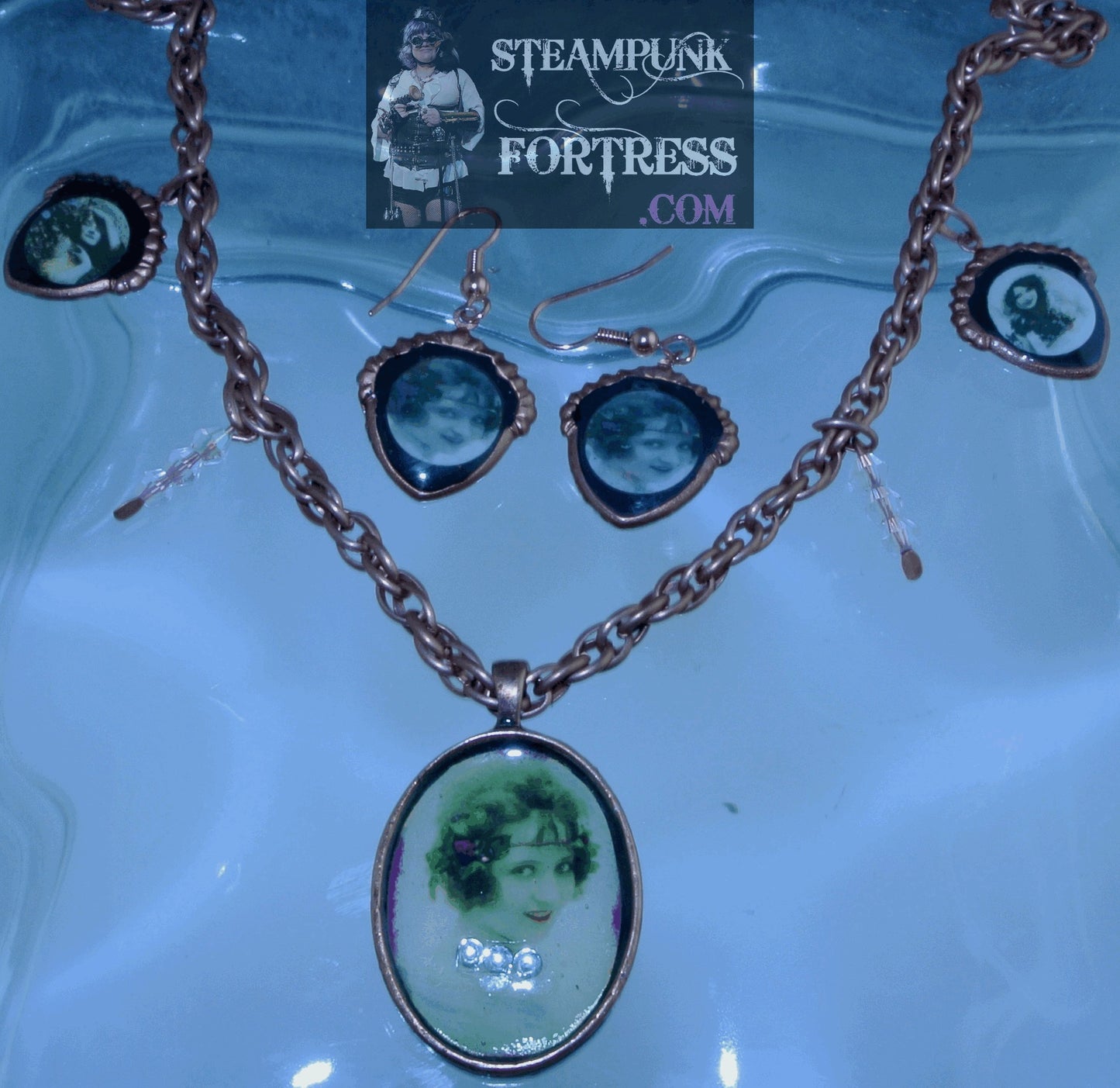 COPPER SHIELD VINTAGE LADIES FLAPPER PINK GREEN FLOWER HEADBAND BRIGHT PIERCED EARRINGS SET AVAILABLE STARR WILDE STEAMPUNK FORTRESS