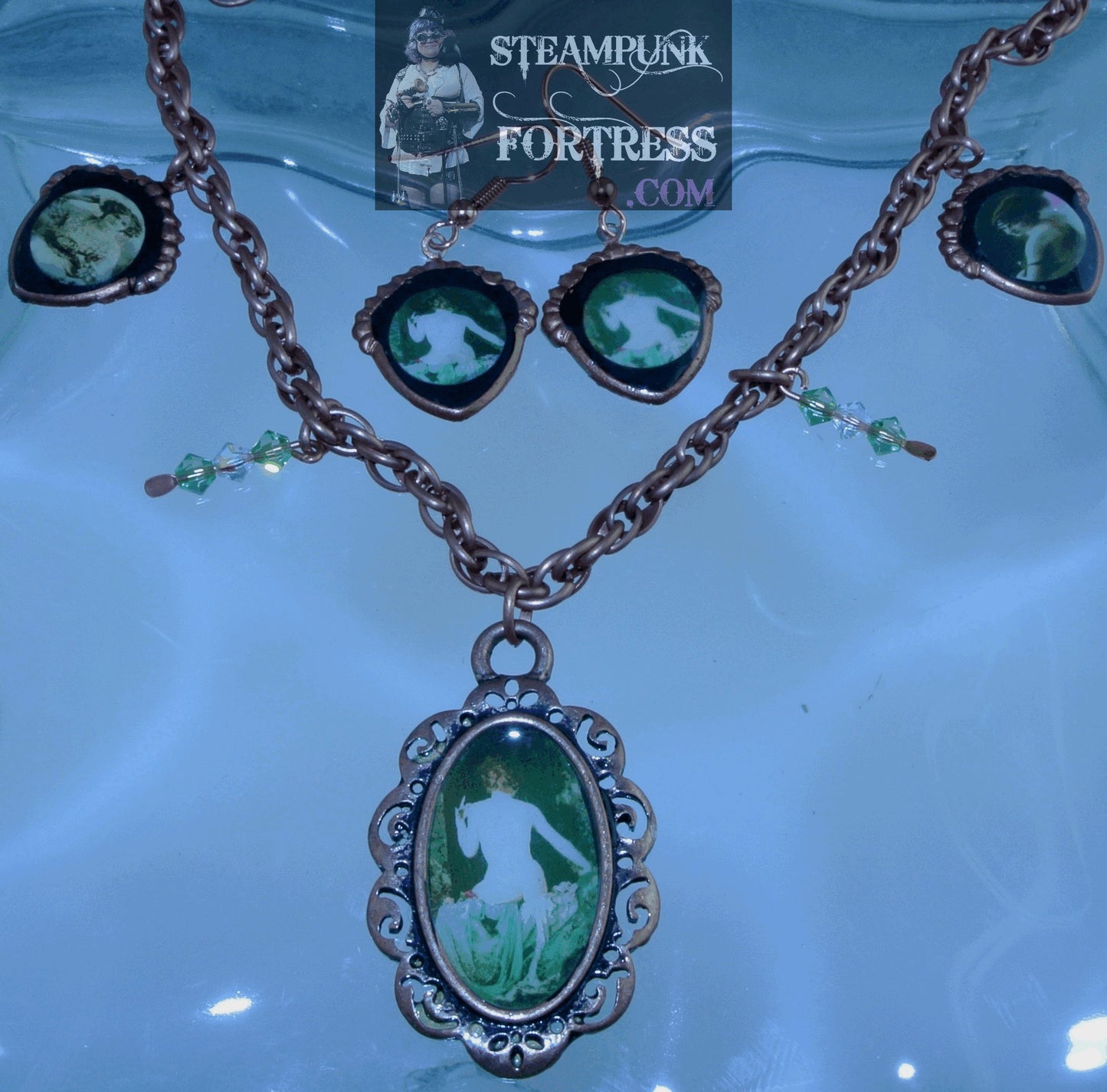 COPPER SHIELD VINTAGE LADIES NUDE BACK GREEN PIERCED EARRINGS SET AVAILABLE RESTORATION RENAISSANCE STARR WILDE STEAMPUNK FORTRESS