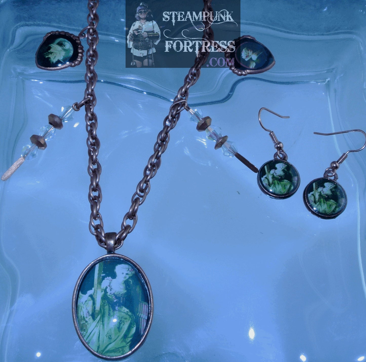 COPPER ROUND VINTAGE LADIES ARLETTE D'ORGERE CARRIAGE WHITE WIG PIERCED EARRINGS SET AVAILABLE BELLE EPOQUE FRENCH STARR WILDE STEAMPUNK FORTRESS