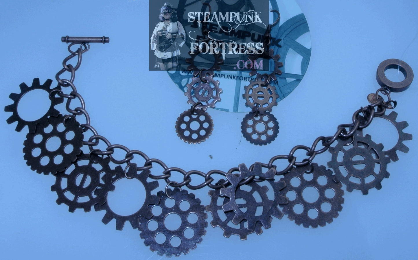 COPPER GEARS 3 DROP WATCH CLOCK PIERCED EARRINGS SET AVAILABLE STARR WILDE STEAMPUNK FORTRESS