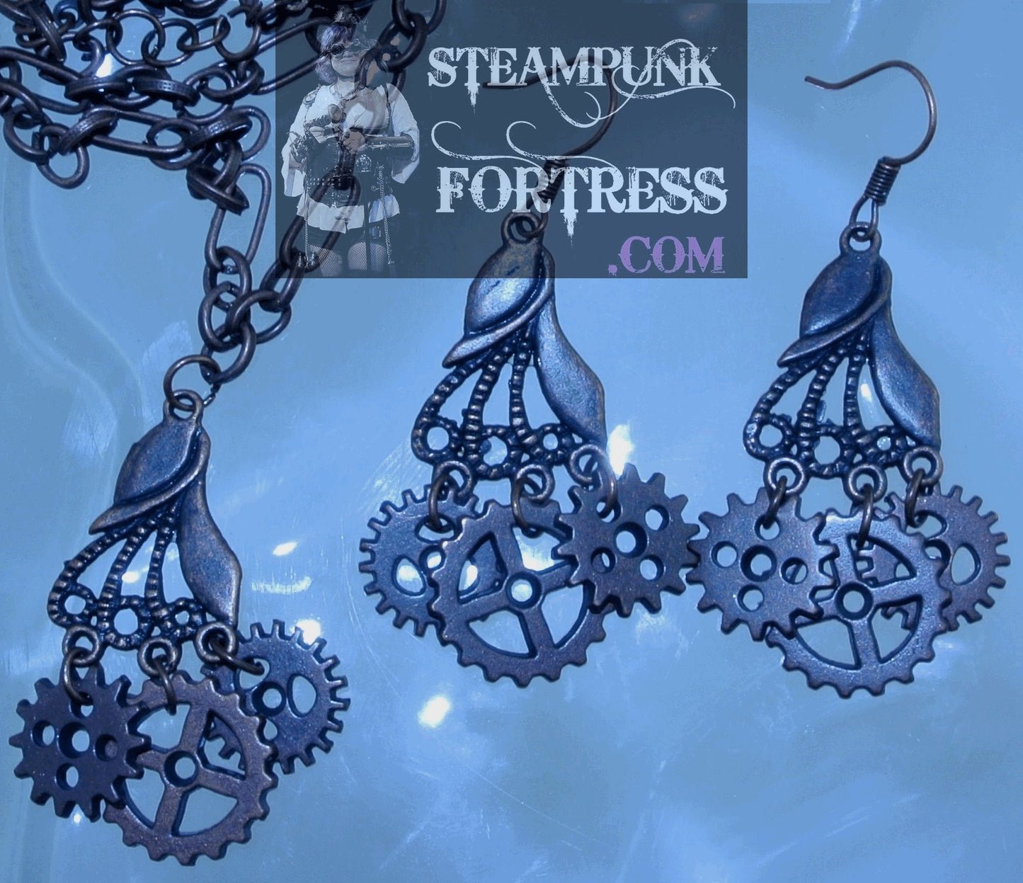 COPPER LEAF FILIGREE DROP 3 GEARS TH WATCH CLOCK PIERCED EARRINGS SET AVAILABLE STARR WILDE STEAMPUNK FORTRESS