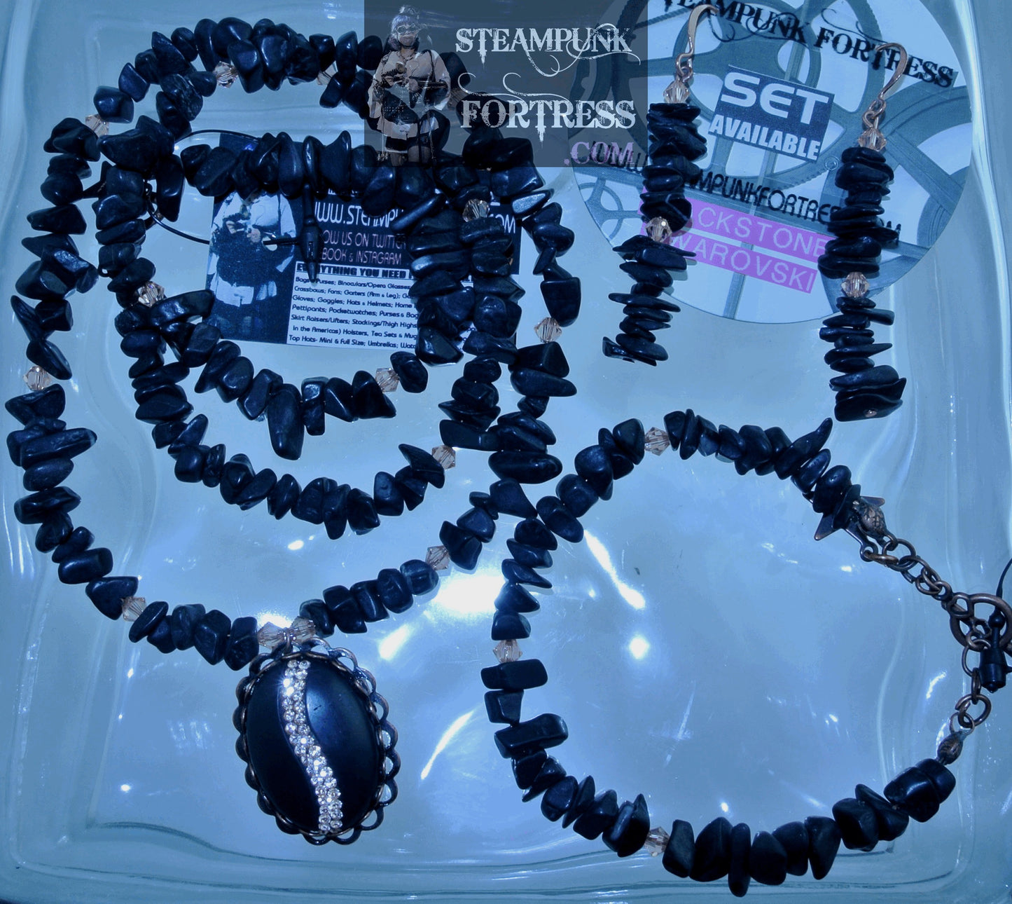 PIN BROOCH COPPER BRIGHT BLACKSTONE GEMSTONES STONES CHIPS PEACH SWAROVSKI CRYSTALS NECKLACE SET AVAILABLE VERSATILE MULTI USE STARR WILDE STEAMPUNK FORTRESS