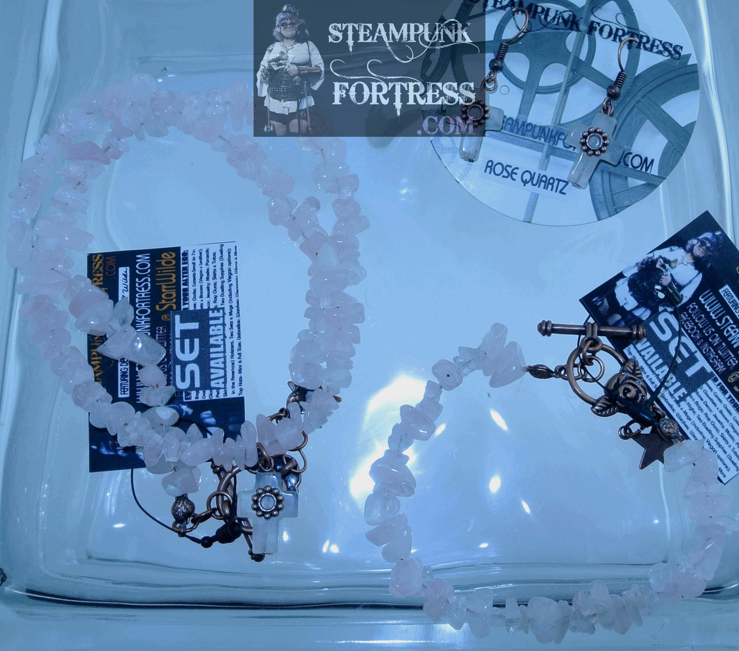 COPPER QUARTZ ROSE CROSS COPPER GEAR GEMSTONE PIERCED EARRINGS SET AVAILABLE STARR WILDE STEAMPUNK FORTRESSS