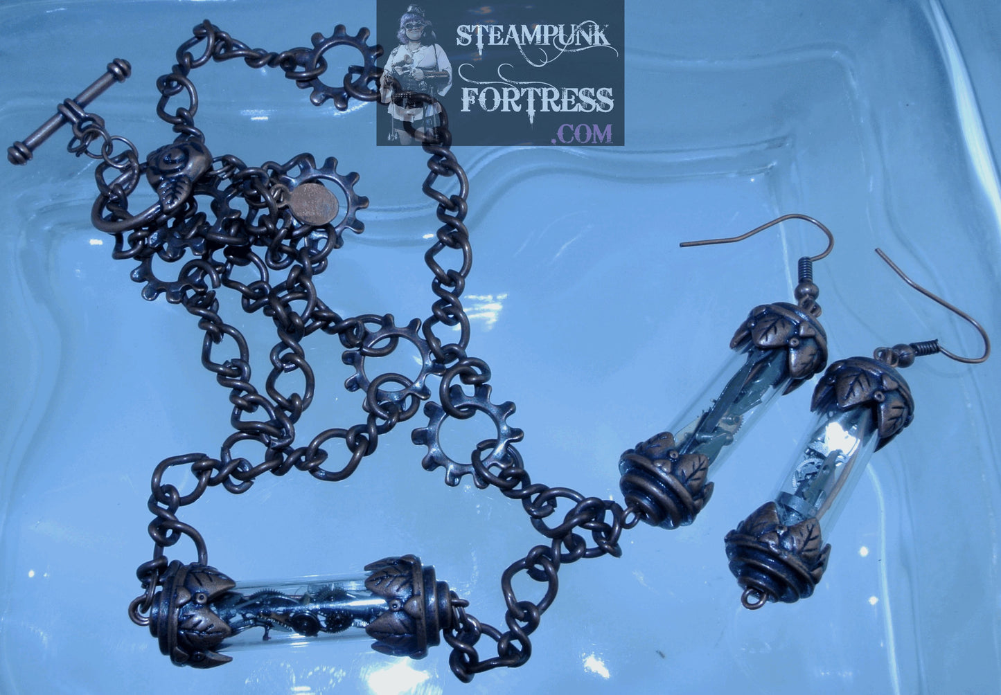 COPPER VIAL SCROLL GLASS SILVER GEARS WATCH CLOCK PIERCED EARRINGS SET AVAILABLE STARR WILDE STEAMPUNK FORTRESS