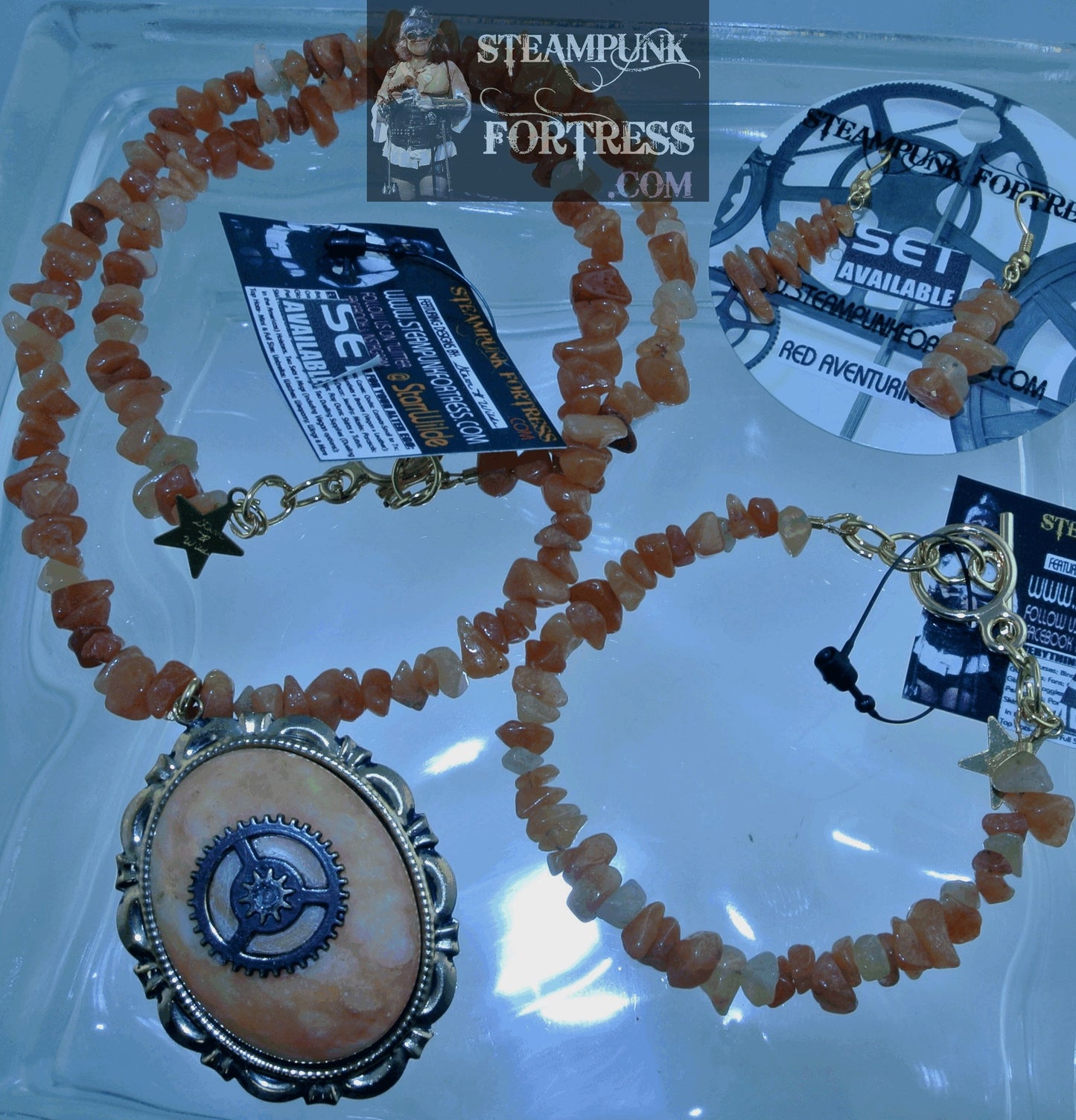 GOLD RED AVENTURINE GEMSTONES STONES CHIPS BRACELET SET AVAILABLE STARR WILDE STEAMPUNK FORTRESS