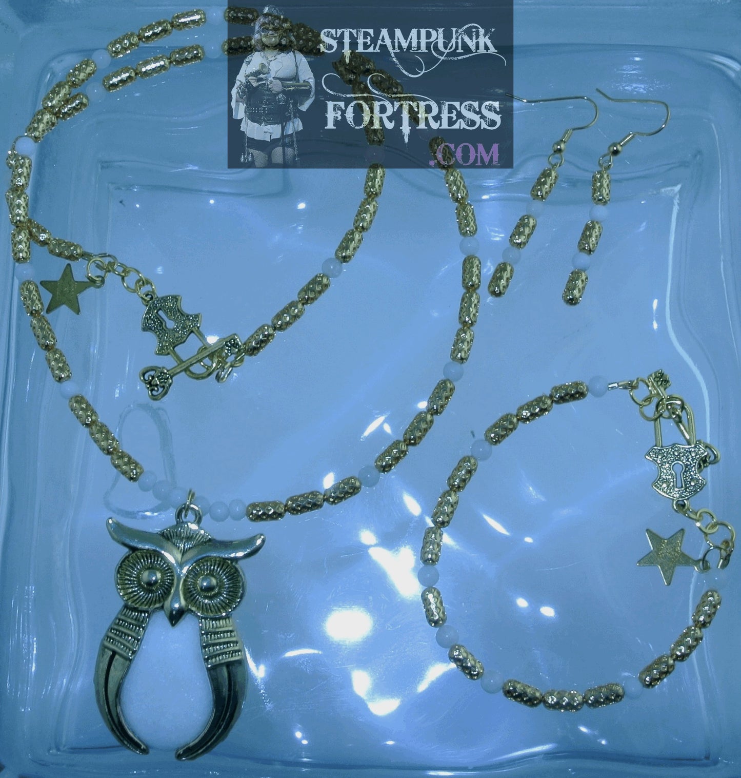 GOLD SNOW QUARTZ GEMSTONE ROUNDS GOLD FILIGREE TUBES PIERCED EARRINGS SET AVAILABLE STARR WILDE STEAMPUNK FORTRESS