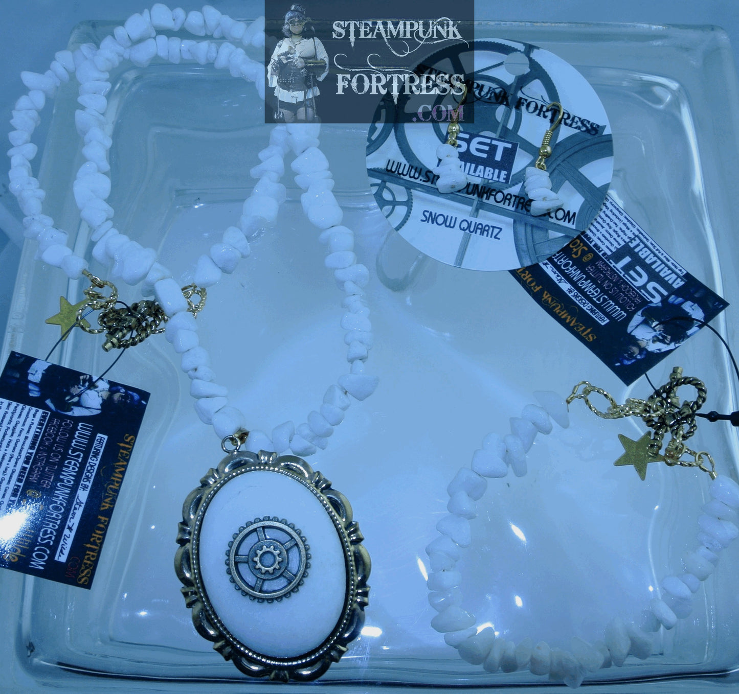 GOLD QUARTZ SNOW 5 GEMSTONES STONES CHIPS PIERCED EARRINGS SET AVAILABLE STARR WILDE STEAMPUNK FORTRESS