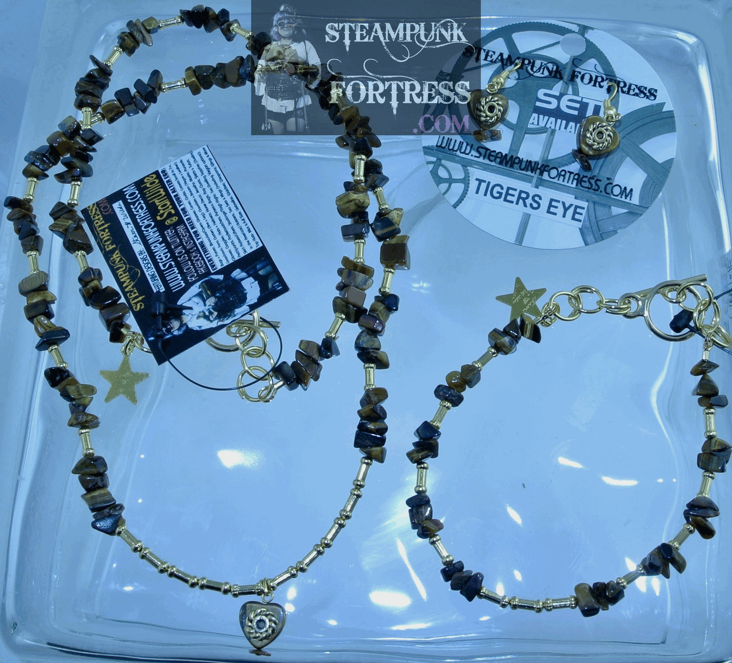 GOLD TIGERS EYE GEMSTONES STONES HEARTS GOLD GEAR DOG BONES PIERCED EARRINGS SET AVAILABLE STARR WILDE STEAMPUNK FORTRESS