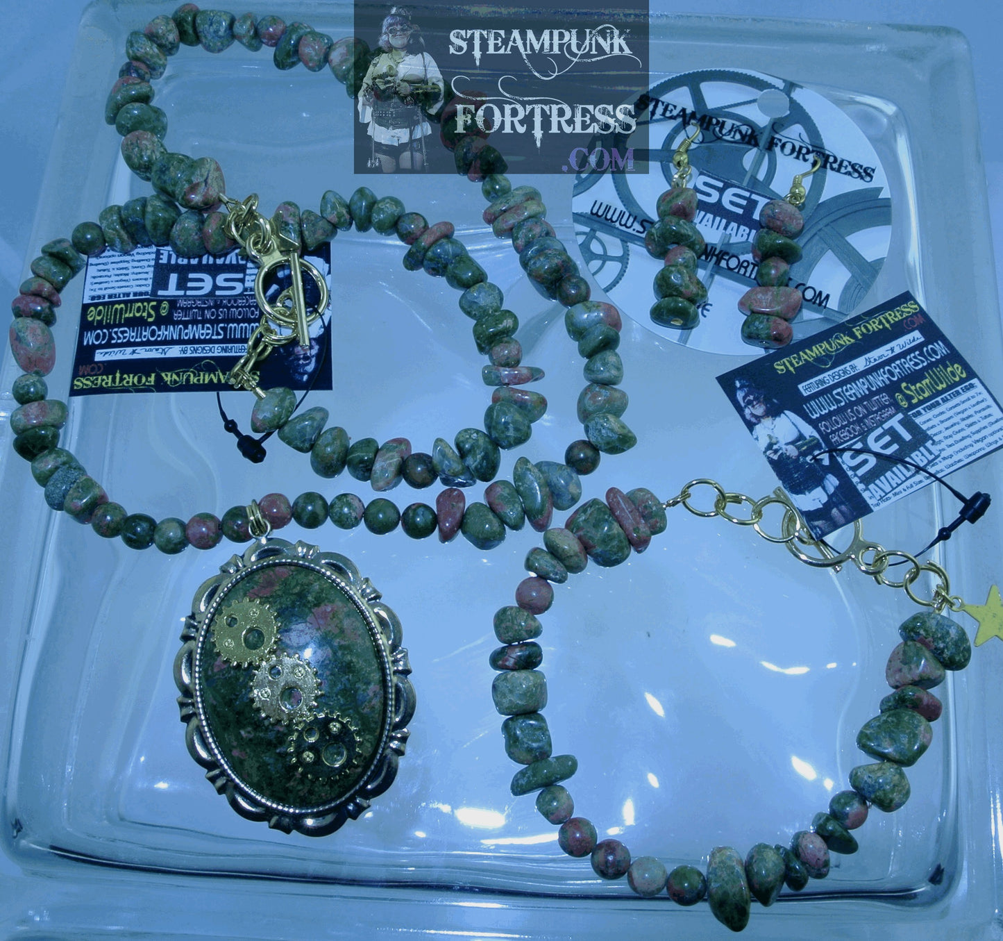 GOLD UNAKITE 4 GEMSTONES STONES CHIPS 1 ROUND PIERCED EARRINGS SET AVAILABLE STARR WILDE STEAMPUNK FORTRESS