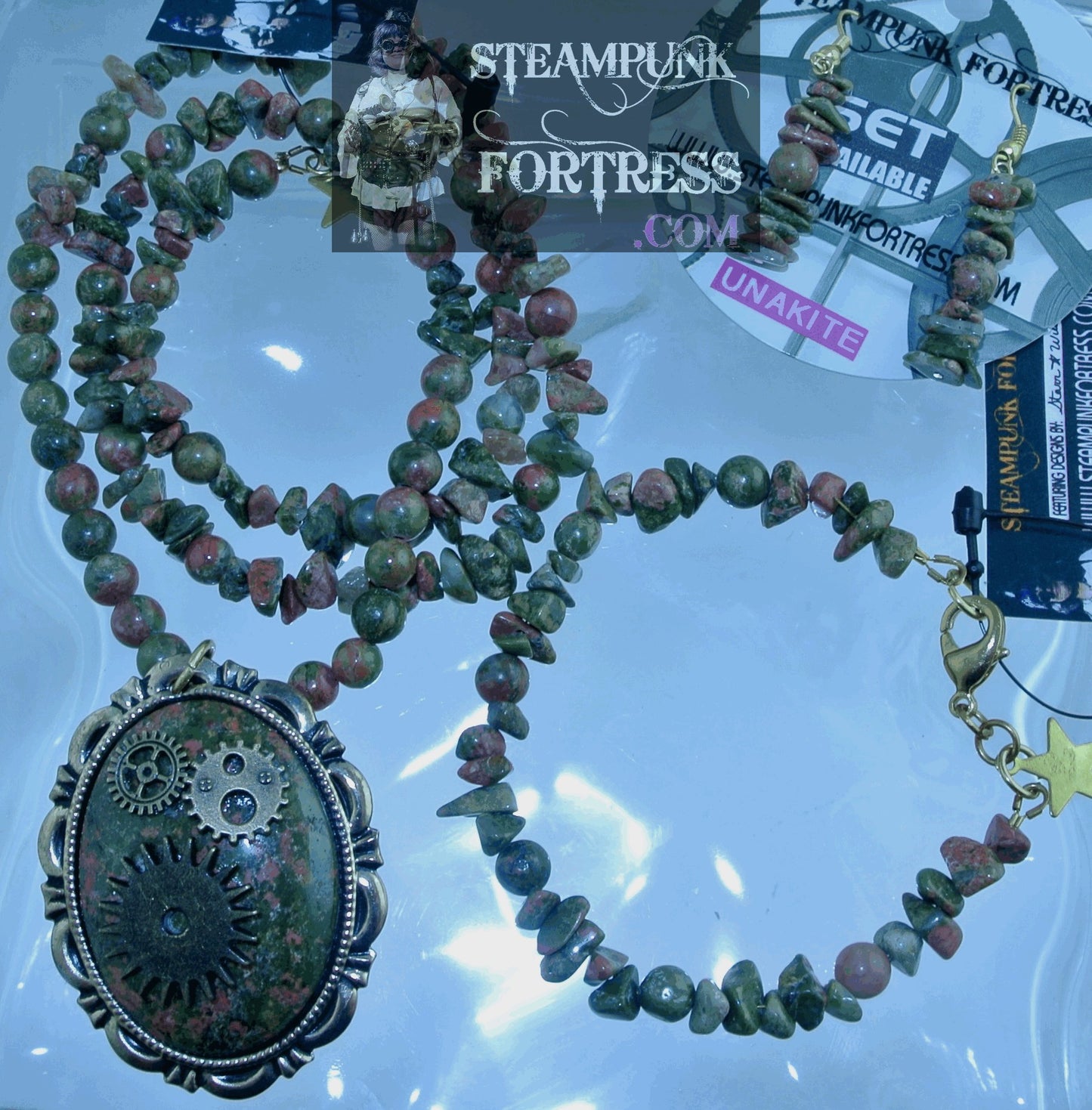 GOLD UNAKITE GEMSTONES STONES ROUND 5 CHIPS BRACELET SET AVAILABLE STARR WILDE STEAMPUNK FORTRESS