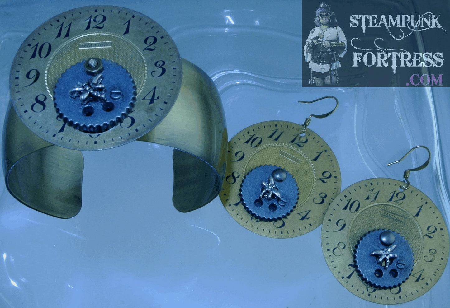 BRASS CUFF FACE WALTHAM WATCH CLOCK DIAL GOLD SILVER GEAR SILVER DRAGONFLY BRACELET SET AVAILABLE STARR WILDE STEAMPUNK FORTRESS