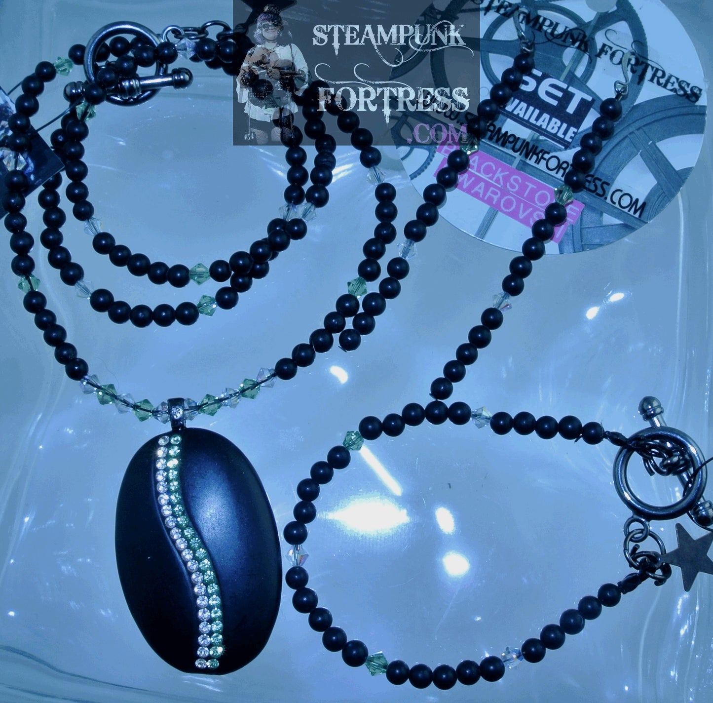 GUNMETAL BLACKSTONE GEMSTONES STONES ROUNDS GREEN CLEAR SWAROVSKI CRYSTALS NECKLACE SET AVAILABLE STARR WILDE STEAMPUNK FORTRESS