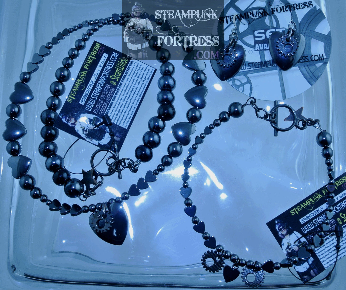 GUNMETAL HEMALYKE HEMATITE HEART GEARS WATCH CLOCK GEMSTONES STONES ROUNDS BRACELET SET AVAILABLE STARR WILDE STEAMPUNK FORTRESS