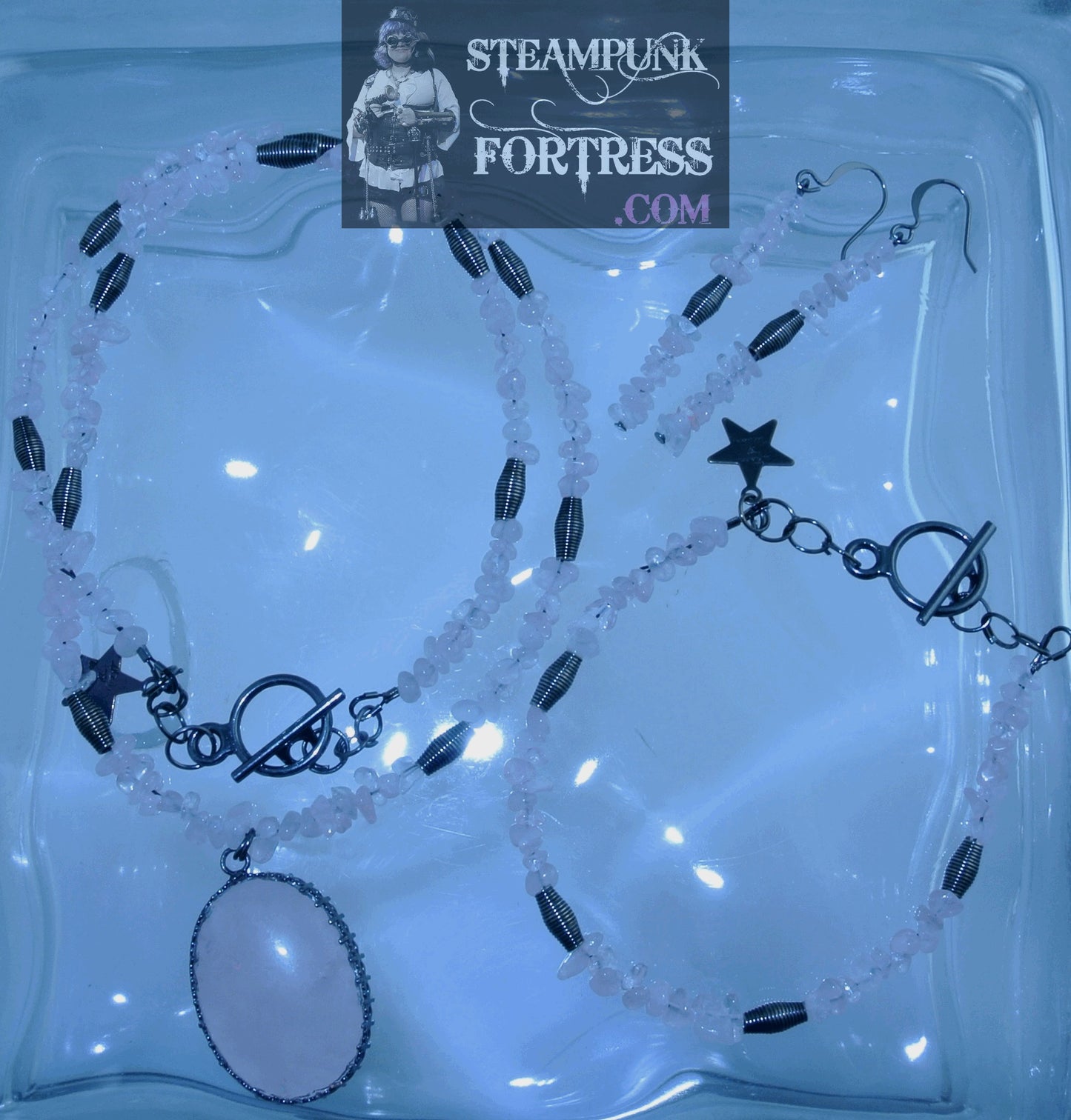 GUNMETAL ROSE QUARTZ GEMSTONE CHIPS SPRINGS PIERCED EARRINGS SET AVAILABLE STARR WILDE STEAMPUNK FORTRESS