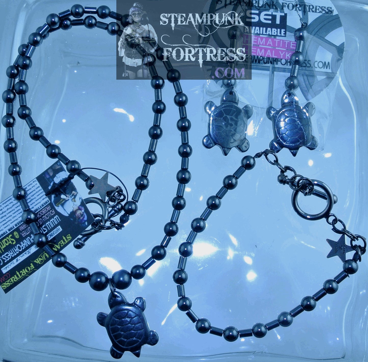 GUNMETAL TURTLES HEMALYKE GEMSTONES HEMATITE PIERCED EARRINGS SET AVAILABLE STARR WILDE STEAMPUNK FORTRESS