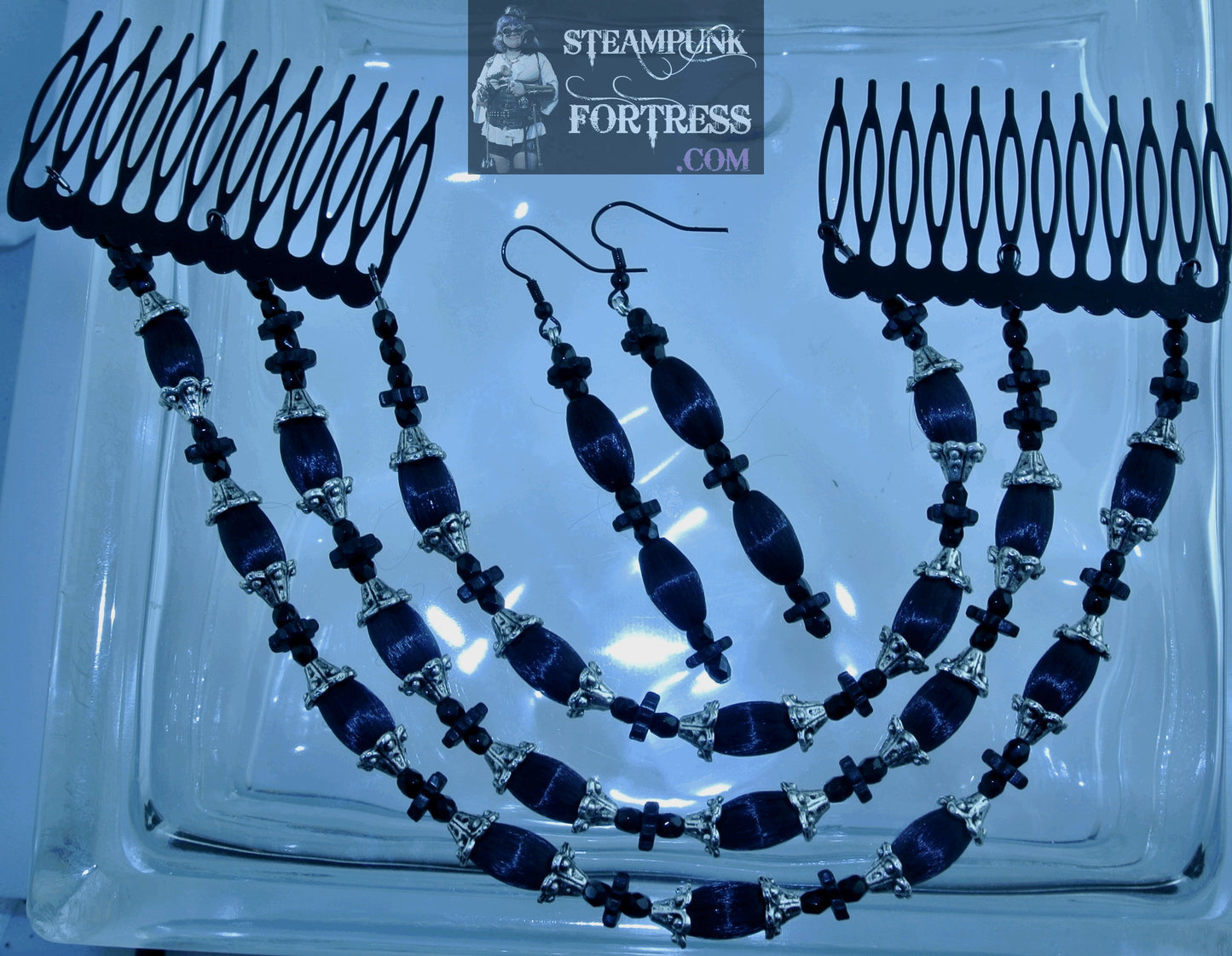 BLACK NYLON OVALS BLACK CERAMIC GEARS BLACK CRYSTALS VICTORIAN EDWARDIAN GOTHIC WEDDING PIERCED EARRINGS SET AVAILABLE STARR WILDE STEAMPUNK FORTRESS