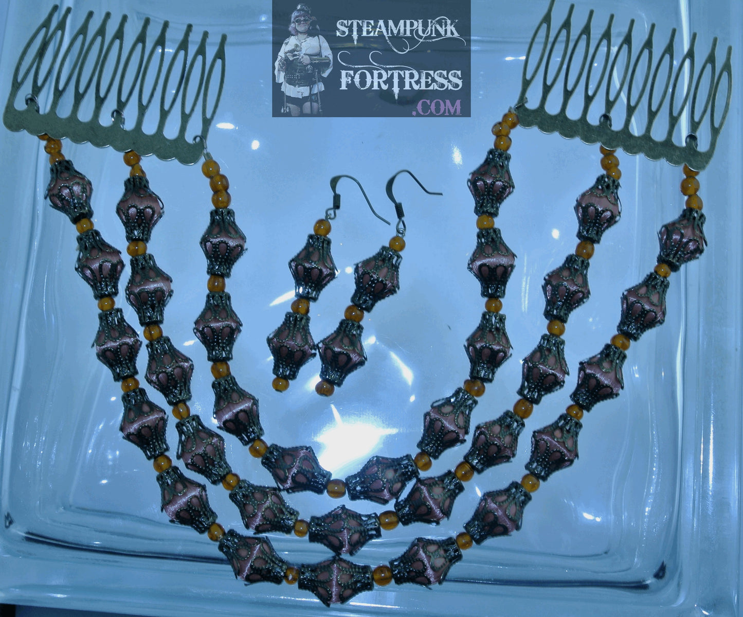 HAIR TIARA BRASS BROWN LIGHT NYLON ROUND BEADS BRASS BASKET BEAD CAPS BROWN GLASS BEADS COMBS TIARA RENAISSANCE MEDIEVAL WEDDING VICTORIAN EDWARDIAN STARR WILDE STEAMPUNK FORTRESS SET AVAILABLE