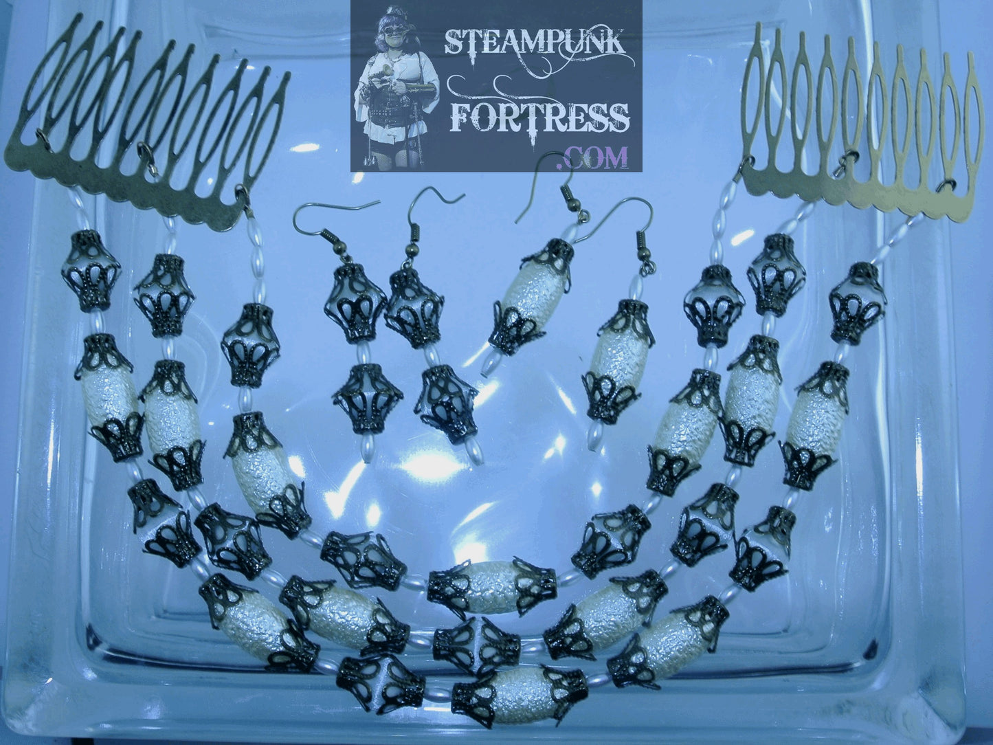 BRASS CREAM OVALS BRASS BEAD BASKETS WHITE PEARLS PIERCED EARRINGS WEDDING VICTORIAN SET AVAILABLE STARR WILDE STEAMPUNK FORTRESS