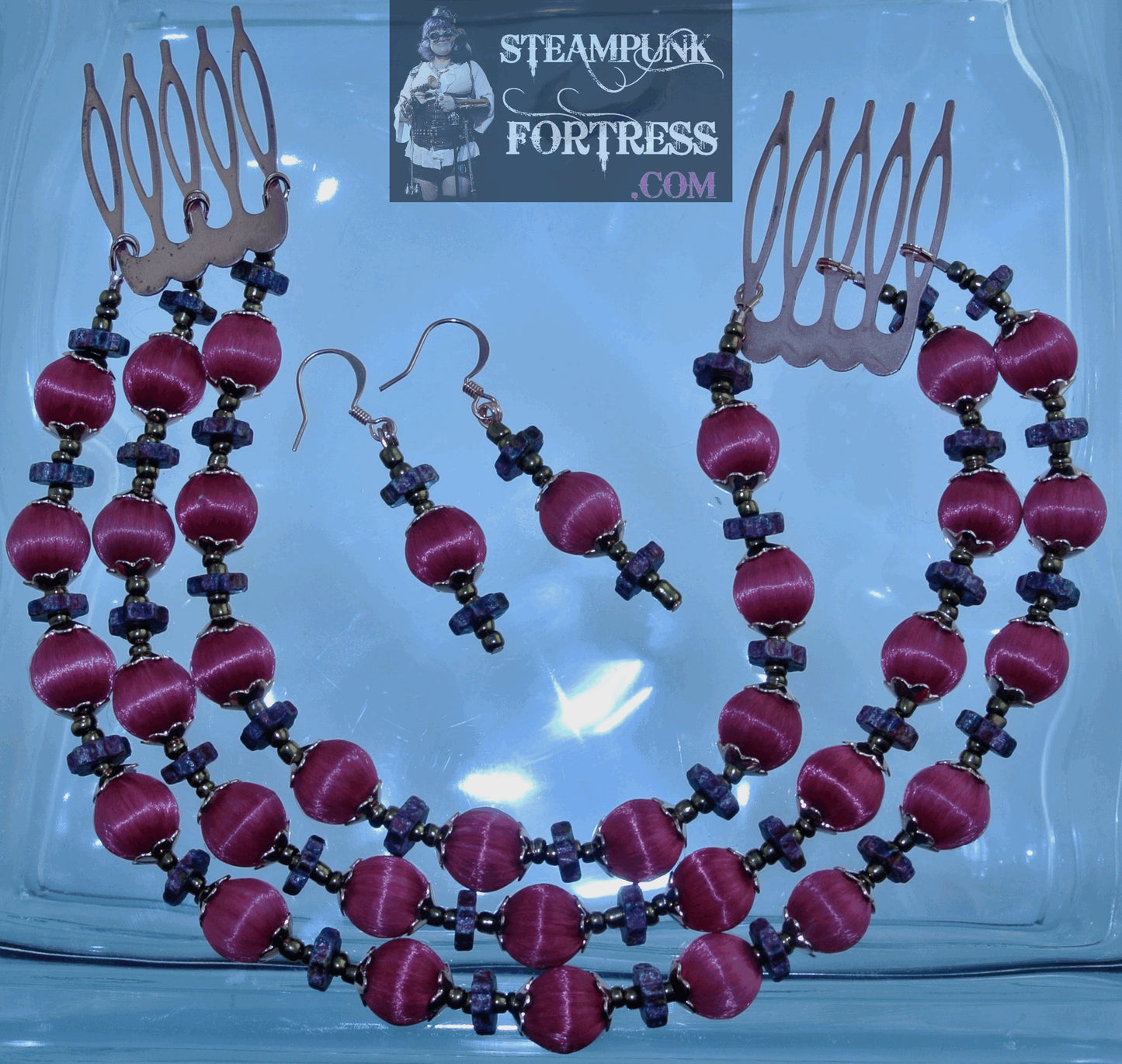 COPPER BRIGHT RED LIGHT NYLON ROUNDS RED CERAMIC GEARS BRONZE SEED BEADS PIERCED EARRINGS SET AVAILABLE STARR WILDE STEAMPUNK FORTRESS