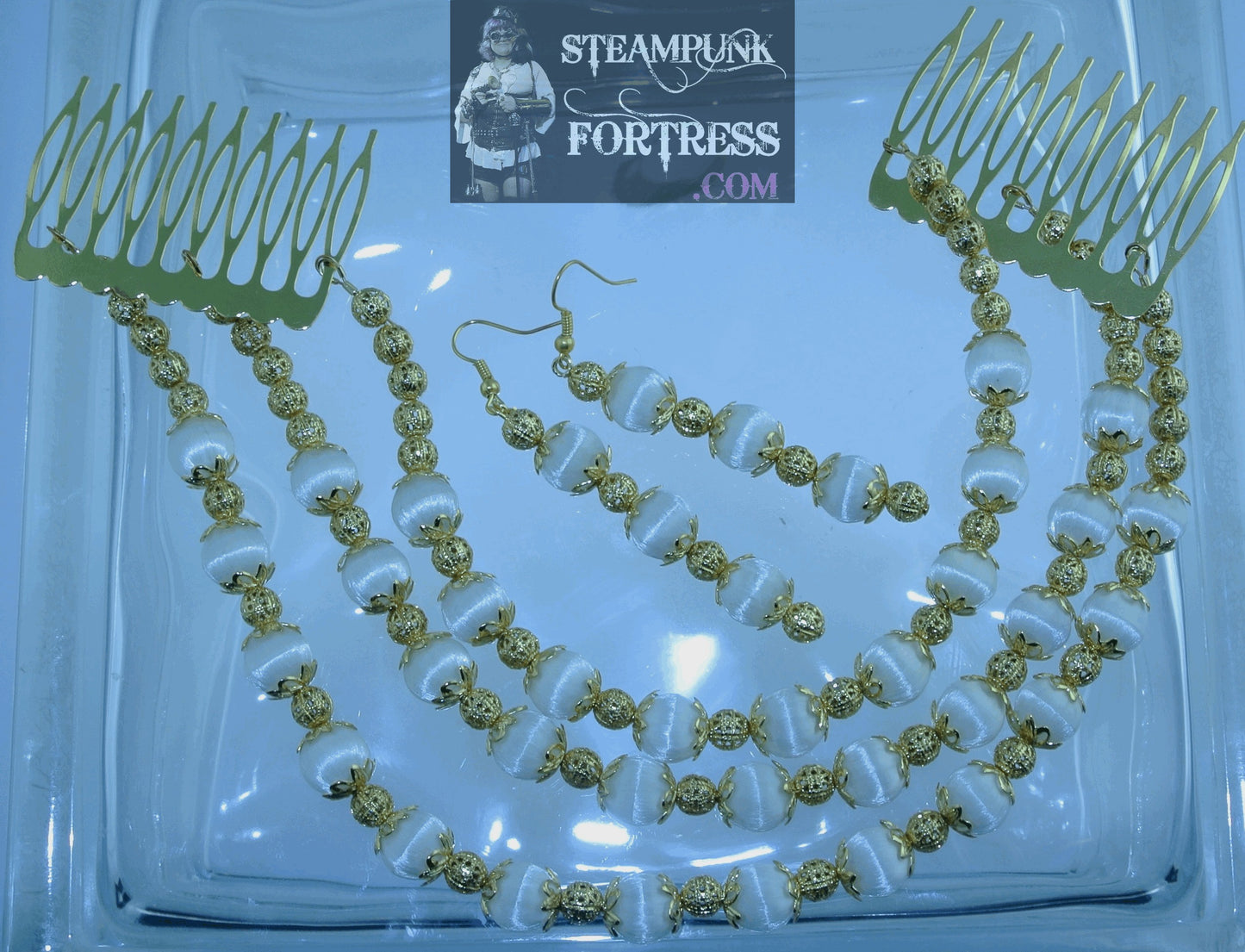 HAIR TIARA GOLD WHITE NYLON ROUNDS GOLD LEAF BEAD CAPS GOLD FILIGREE BEADS HAIR TIARA COMBS SET AVAILABLE STARR WILDE STEAMPUNK FORTRESS WEDDING VICTORIAN EDWARDIAN