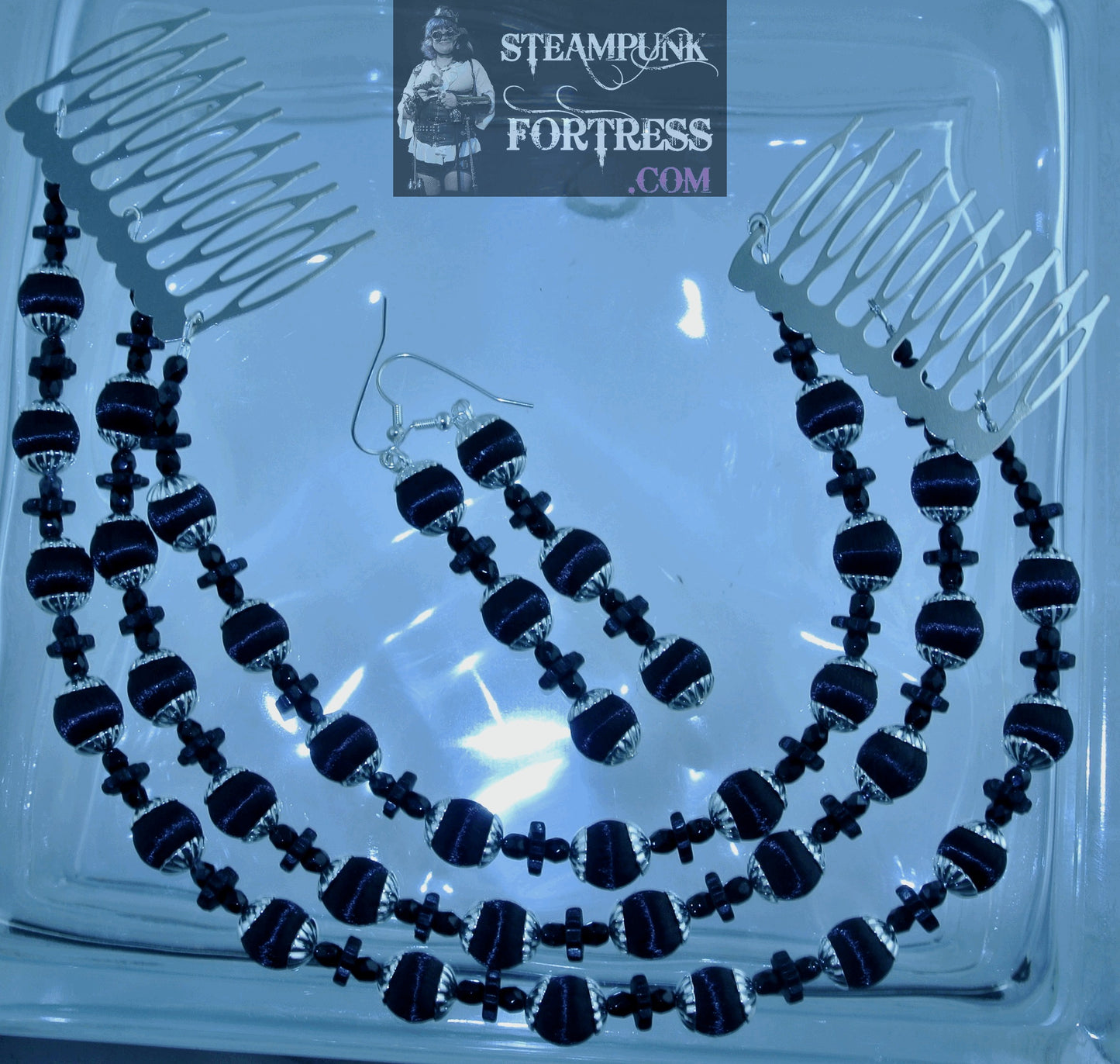 SILVER BLACK NYLON ROUNDS SILVER RIBBED BEAD CAPS BLACK CERAMIC GEARS CRYSTALS PIERCED EARRINGS SET AVAILABLE STARR WILDE STEAMPUNK FORTRESS