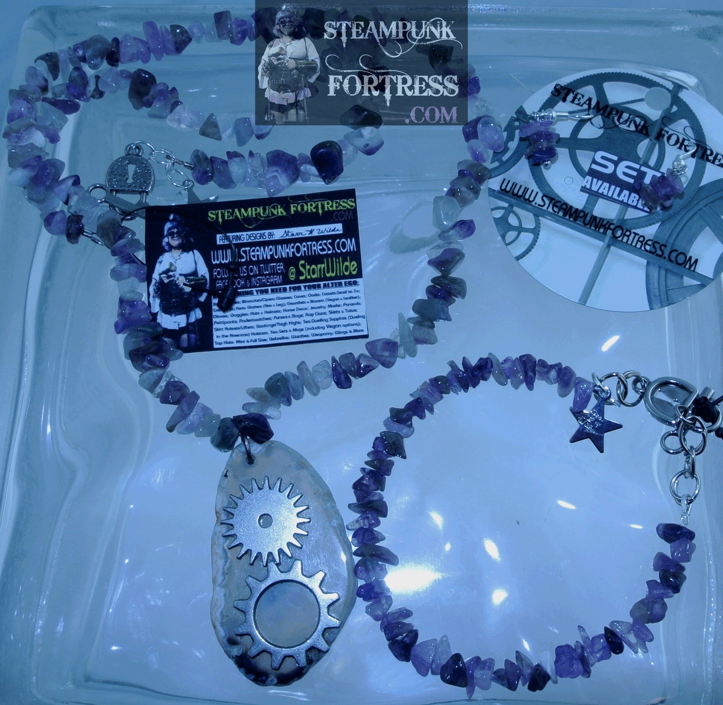 SILVER AMETHYST LOCK KEY TOGGLE GEMSTONES STONES CHIPS BRACELET SET AVAILABLE STARR WILDE STEAMPUNK FORTRESS