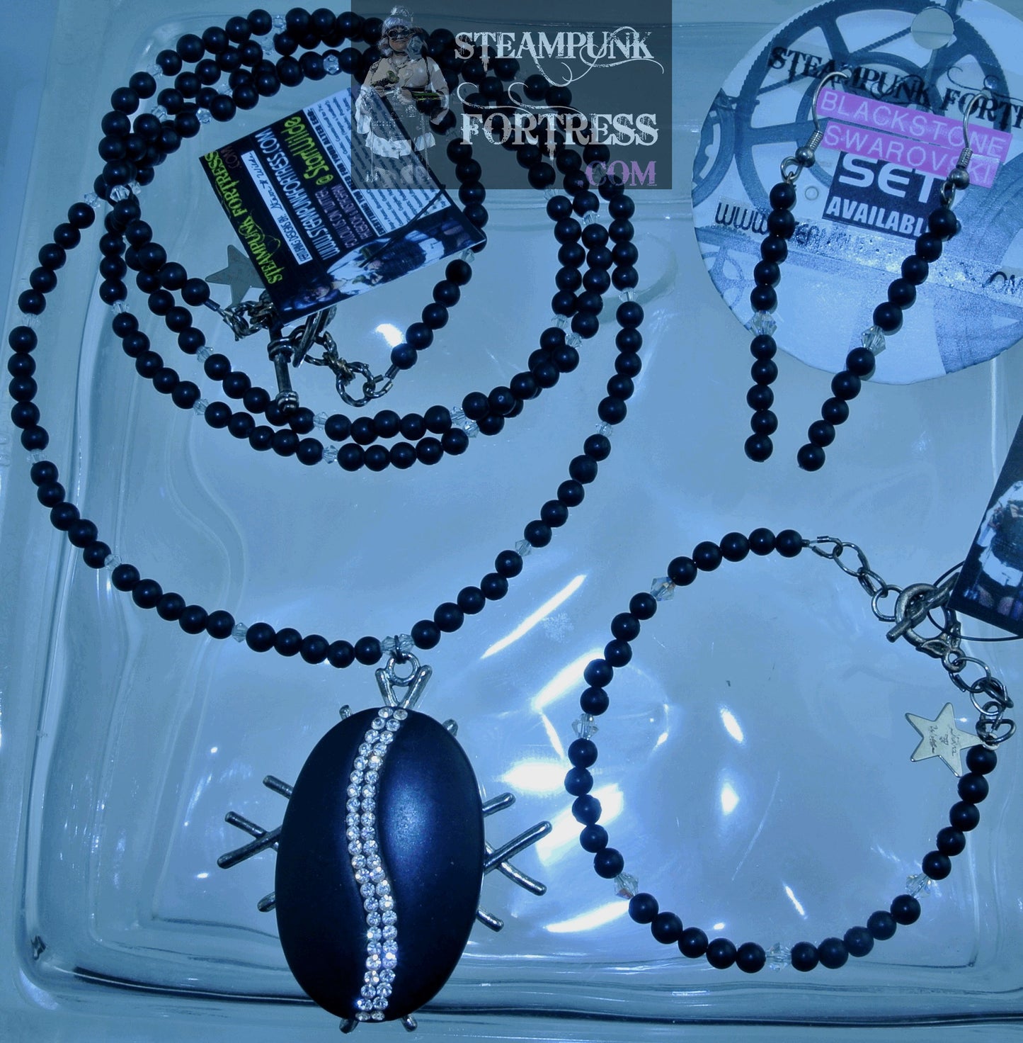 SILVER BLACKSTONE GEMSTONES STONES FOCAL ROUNDS CLEAR SWAROVSKI CRYSTALS NECKLACE SET AVAILABLE STARR WILDE STEAMPUNK FORTRESS