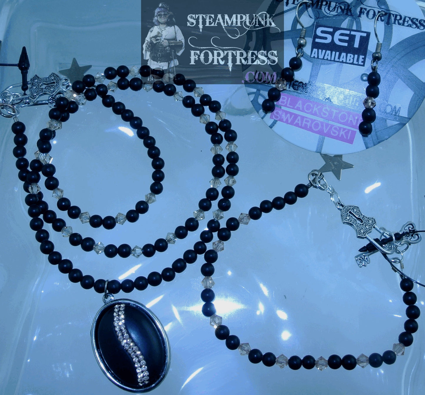 SILVER BLACKSTONE GEMSTONES STONES ROUNDS PEACH SWAROVSKI CRYSTALS BRACELET SET AVAILABLE STARR WILDE STEAMPUNK FORTRESS