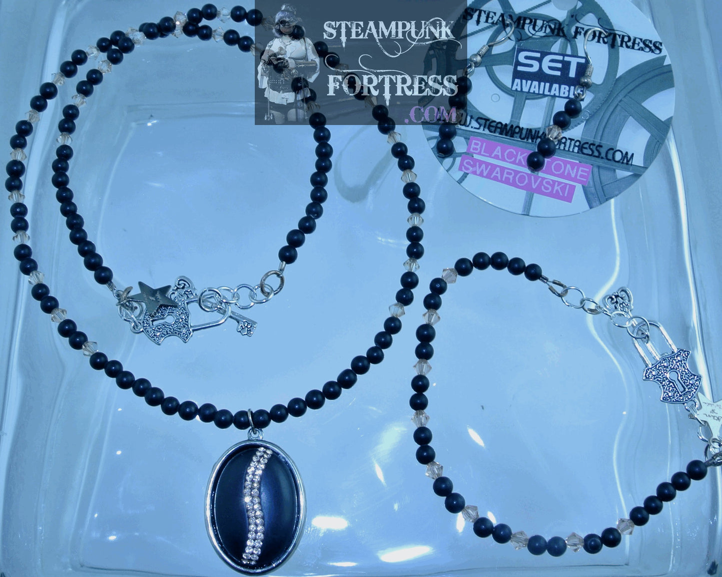 SILVER BLACKSTONE GEMSTONES STONES FOCAL ROUNDS PEACH SWAROVSKI CRYSTALS NECKLACE SET AVAILABLE STARR WILDE STEAMPUNK FORTRESS