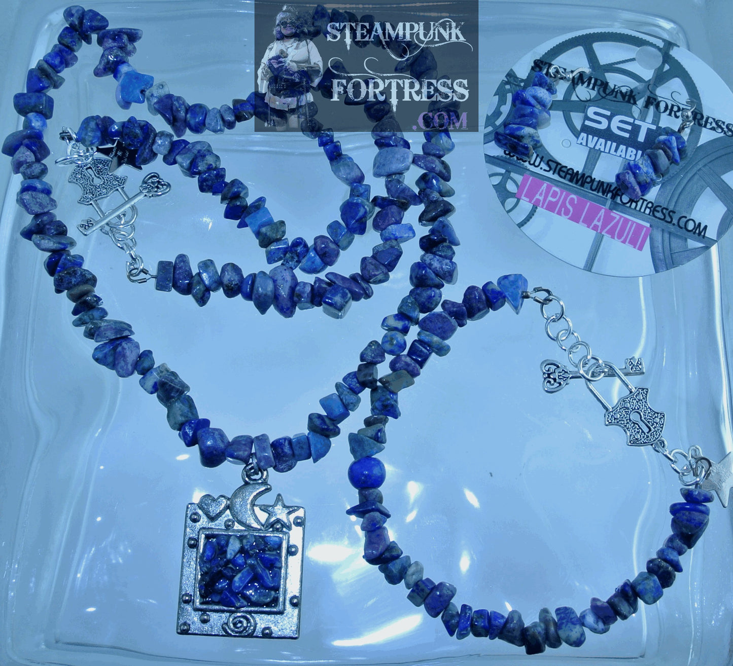 SILVER LAPIS LAZULI 7 CHIPS GEMSTONES STONES PIERCED EARRINGS SET AVAILABLE STARR WILDE STEAMPUNK FORTRESS