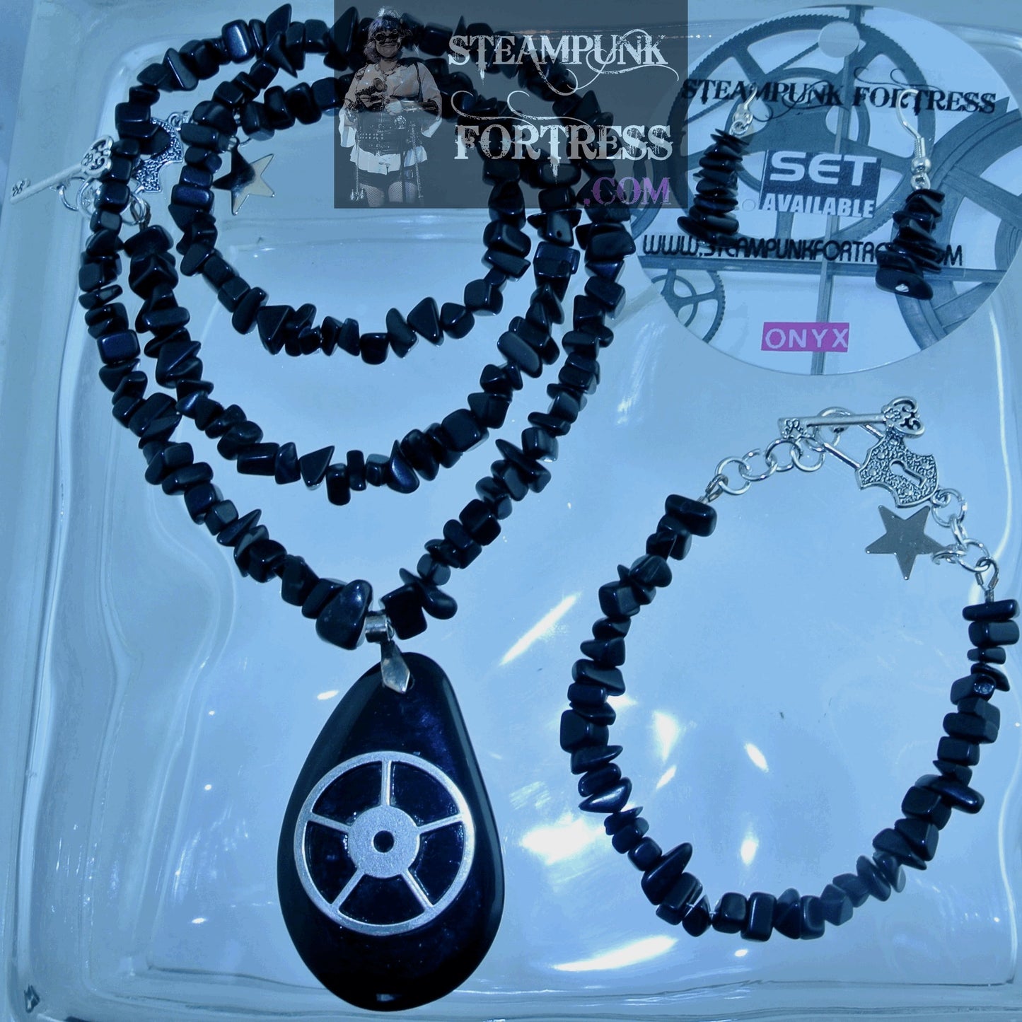 SILVER ONYX GEMSTONES STONES TEARDROP FOCAL CHIPS SILVER 5 ARM GEAR NECKLACE SET AVAILABLE 2 SIDED REVERSIBLE STARR WILDE STEAMPUNK FORTRESS