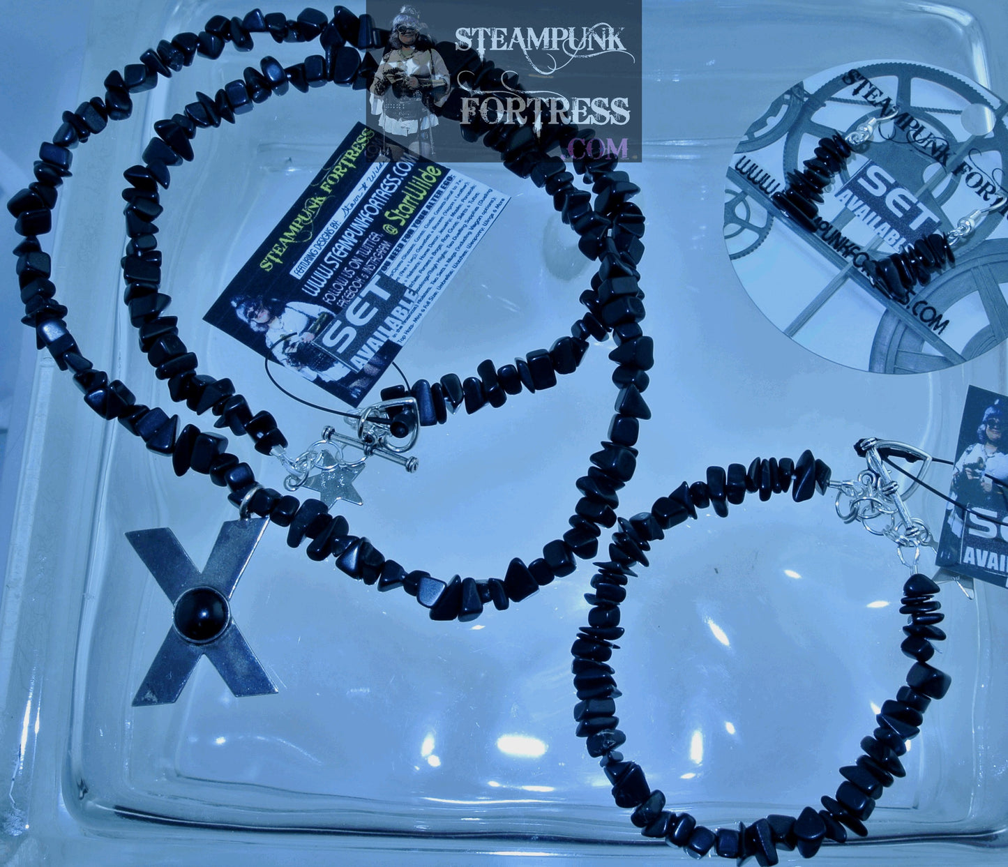 SILVER ONYX 10 CHIPS GEMSTONES STONES PIERCED EARRINGS SET AVAILABLE STARR WILDE STEAMPUNK FORTRESS