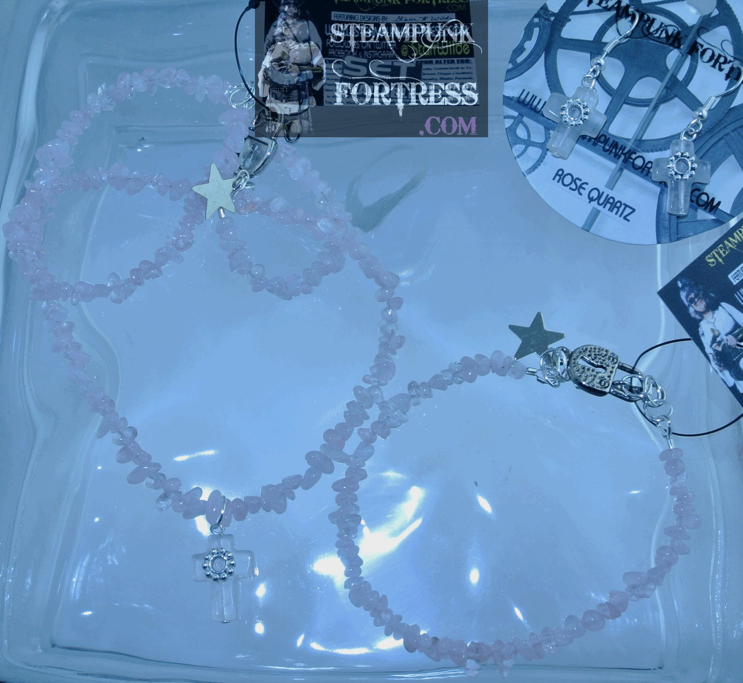 SILVER QUARTZ ROSE CROSS SILVER GEARS GEMSTONES STONES PIERCED EARRINGS SET AVAILABLE STARR WILDE STEAMPUNK FORTRESS