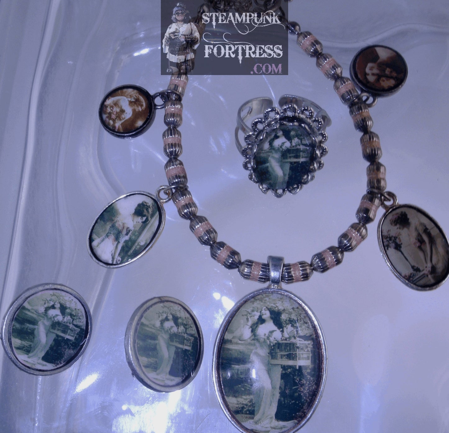 SILVER VINTAGE LADIES BIRDCAGE LADY 2 OVAL PINK FLOWER GIRLS 2 ROUNDS WHITNEY GABY DESLYS BRACELET STARR WILDE STEAMPUNK FORTRESS