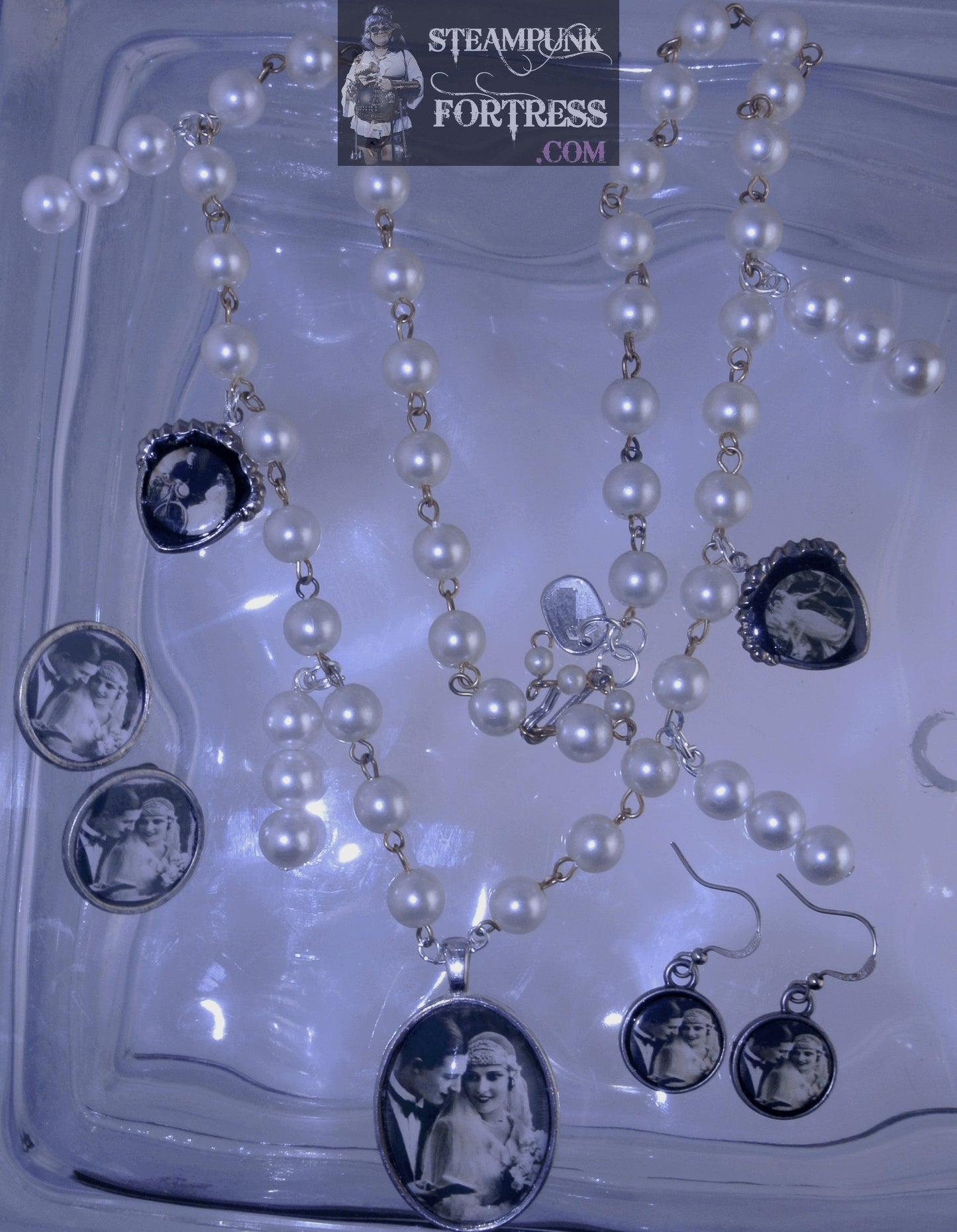 WHITE VINTAGE LADIES BRIDAL COUPLE SHOULDER WEDDING THEME 2 SHIELDS PEARLS NECKLACE SET AVAILABLE STARR WILDE STEAMPUNK FORTRESS